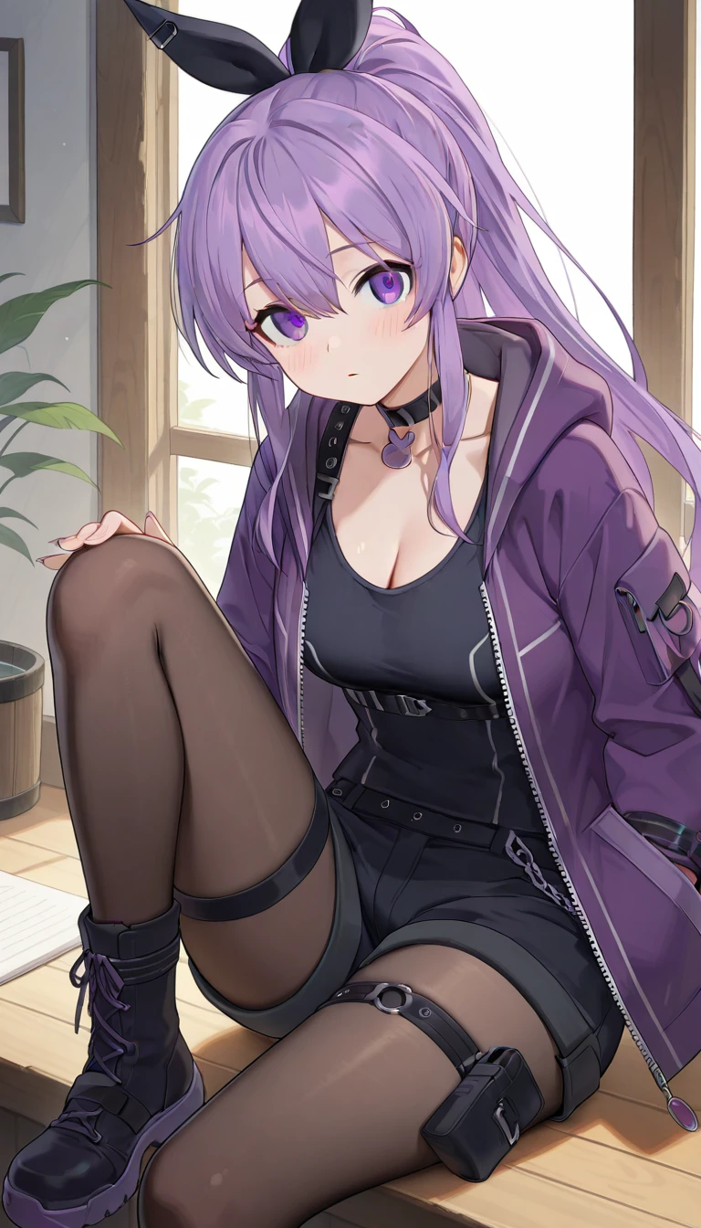 Gorgeous Hair in Long Purple，The purple suit crossed its hands at the waist，Purple pantyhose，Purple high heels，Eight figures inside the feet