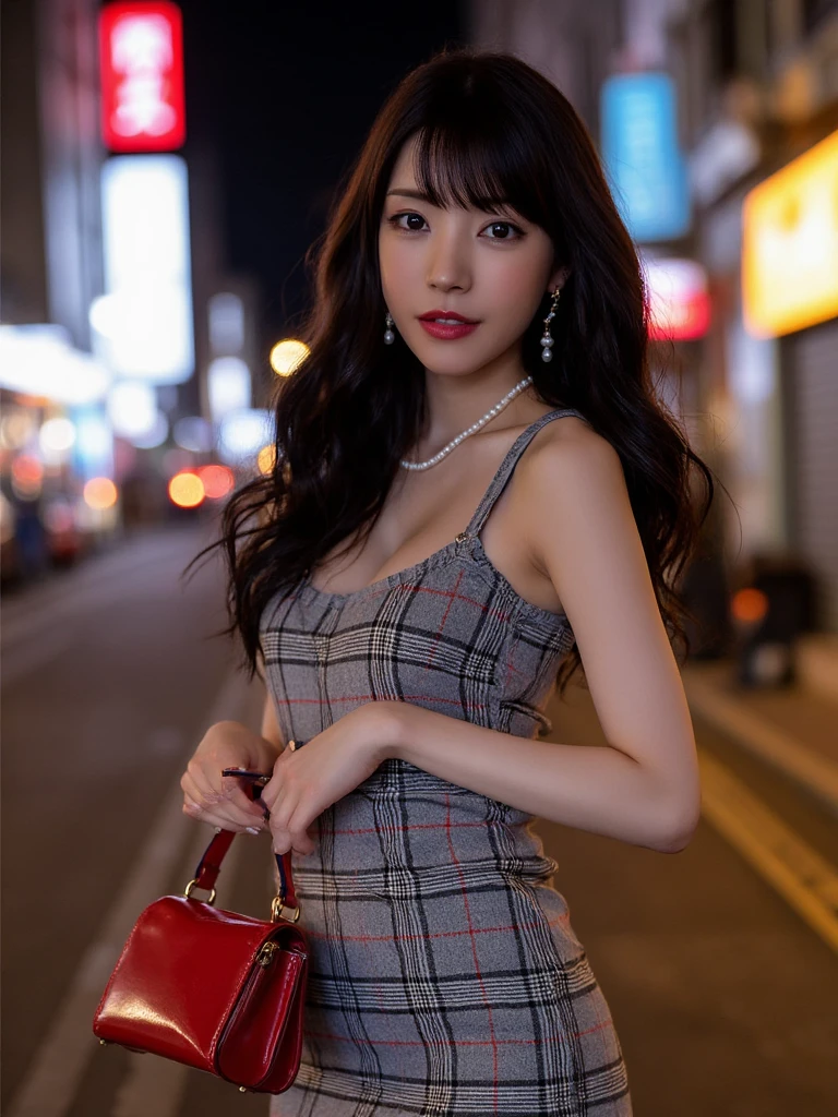 kaedekaren,
a woman wearing a (plaid pencil_dress), holding a purse, floral print, depth of field, night cityscape, 1girl, long hair, ulzzang-6500v1.1, (original: 1.2), (realistic: 1.3) , beautiful girl with beautiful details, extremely detailed eyes and face, eyes with beautiful details, absurd, incredibly absurd, huge file size, ultra detail, high resolution, ultra detailed, best quality, masterpiece, illustration, ultra detailed and beautiful, ultra detailed, CG, unity, 8k wallpaper, amazing, fine Detail, masterpiece, top quality, official art, extremely detailed CG unity 8k wallpaper, cinematic lighting, (perfect shiny skin:0.6), slim and smooth lines, (floating), (small breasts:1), earrings , pearl necklace,,