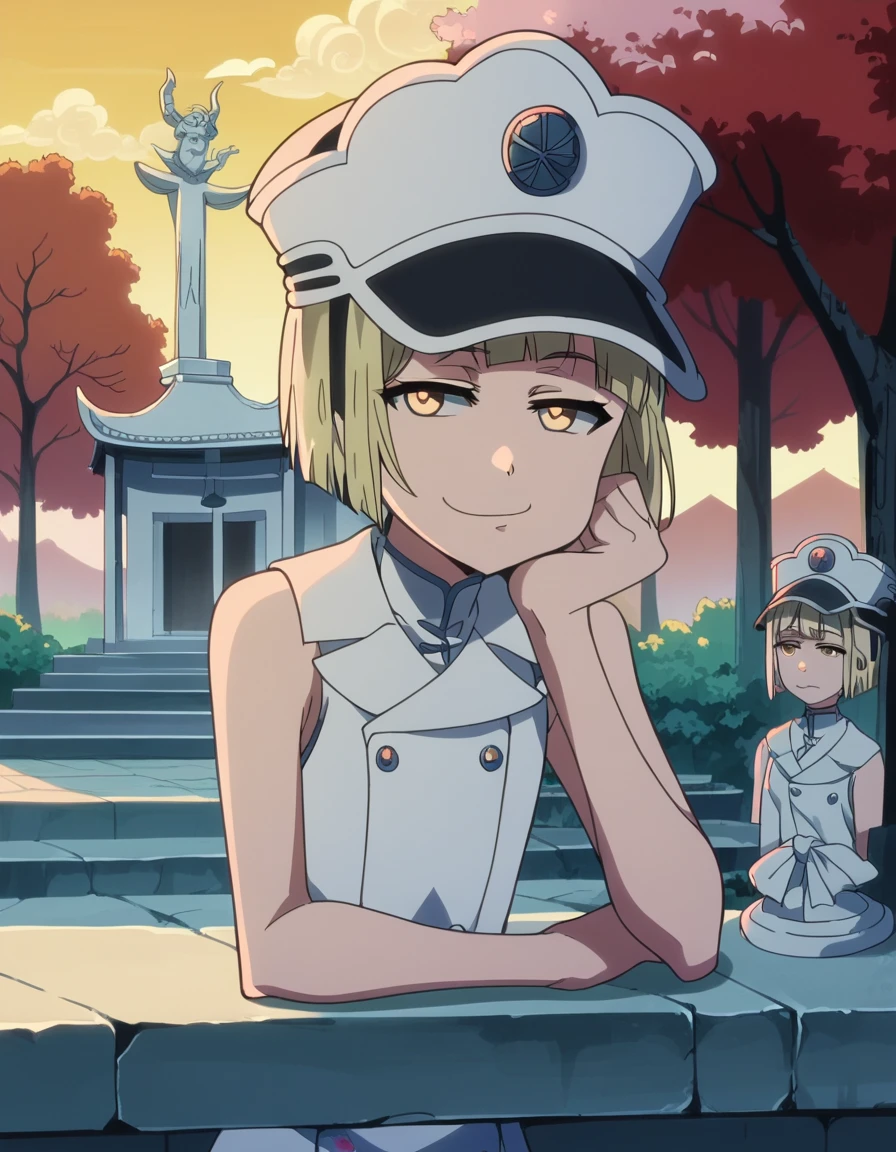 score_9, score_8_up, score_7_up, source_anime, <lora:liltotto-lampered-tybw-ponyxl-lora-nochekaiser:1>, liltotto lampered, short hair, blonde hair, yellow eyes, anime screencap, thighhighs, hat, sleeveless, uniform,, shrine, holy, statues, trees, sacred, , head rest, smug, looking at viewer, solo,, cowboy shot, solo