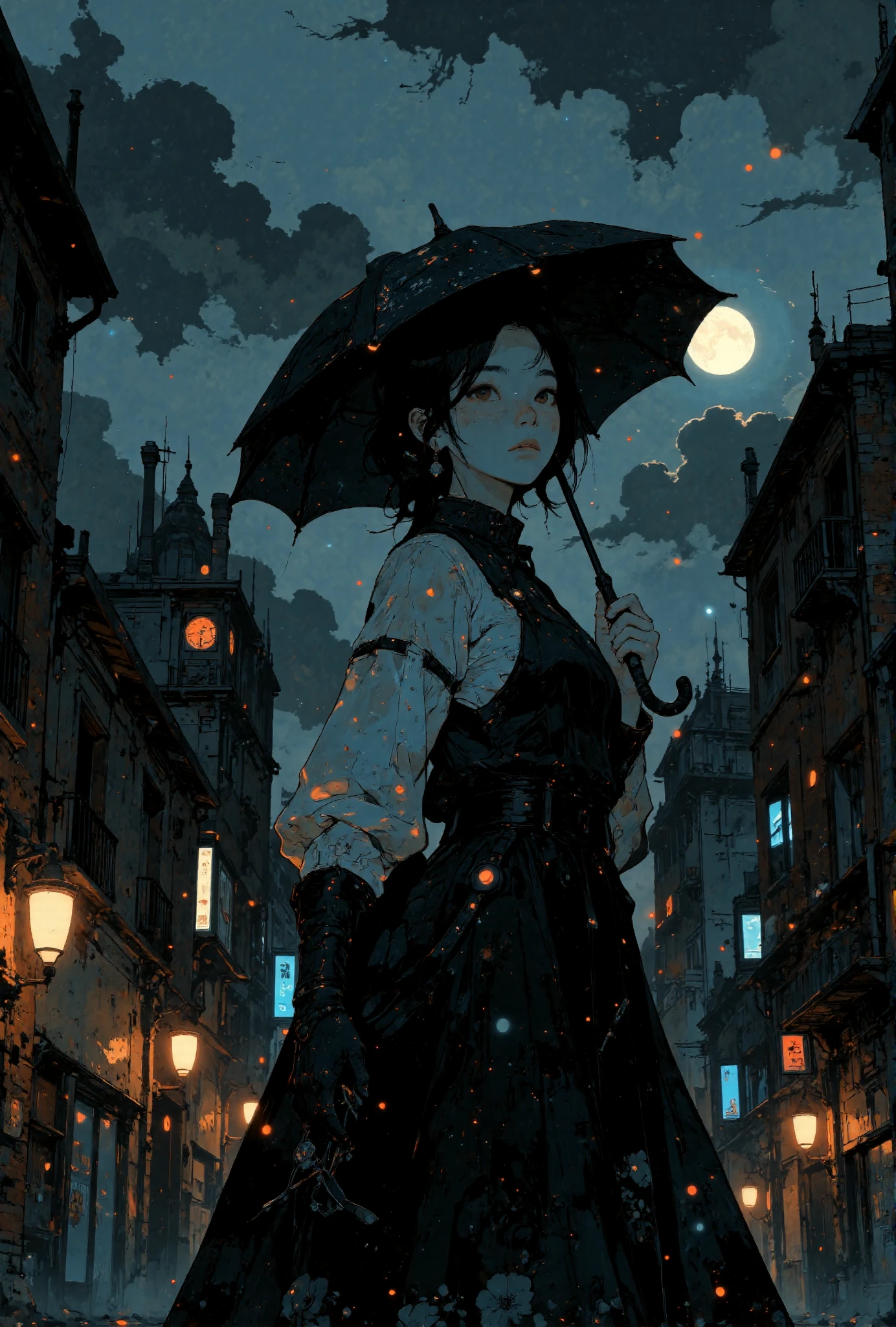 A low view anime-style illustration of a glamorous woman with white skin, standing in a dark, rainy city street. She is holding a black umbrella in her right hand while wearing a Victorian-inspired black dress with delicate white ruffles. Her short, straight hair frames her face as she gazes slightly upward with a melancholic expression.
The background features dimly lit, old brick buildings with glowing windows and a cloudy night sky illuminated by a faint, misty moon. The rain adds a dynamic touch to the otherwise calm and moody scene. The lighting is soft, emanating from the moon and streetlights, creating a gentle contrast with the dark tones of the environment. The scene is composed with a cowboy shot, emphasizing the character and the umbrella, while capturing the intricate details of the cityscape.
<lora:Anime v1.3:1.2> <lora:Blue_Future:0.9> <lora:Ethereal_Brush_Anime_v1.0:0.6> <lora:It's a LoRA for portraits, BUT! actually specialized in backgrounds. v1.0:0.2> <lora:Dark_and_sentimental:0.6>