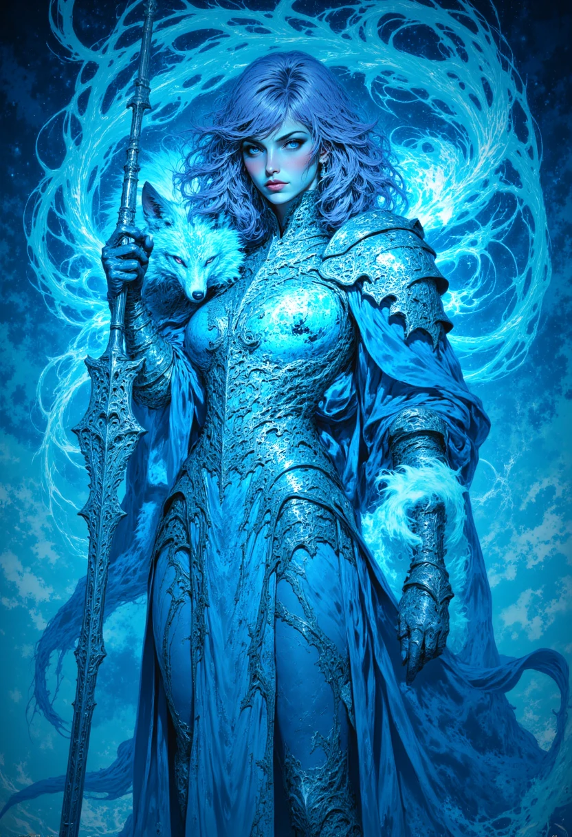 fantasy_art, 1girl, warrior, sexy woman in silver armor holding a spear, blue hues, action pose, animal companion, artic fox <lora:Colorful_Fantasy_Art_for_FLUX-000013:1>