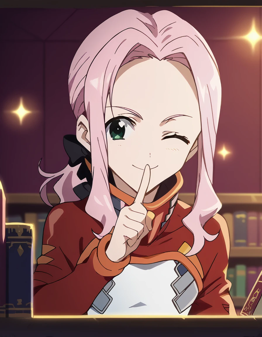 score_9, score_8_up, score_7_up, source_anime, <lora:darry-adai-s1-ponyxl-lora-nochekaiser:1>, darry adai, long hair, green eyes, ponytail, pink hair, hair bow, black bow, anime screencap, bodysuit, pilot suit, white bodysuit, red bodysuit, ferris wheel, lights, high, view, rotating, smile, <lora:bookshelf-pov-ponyxl-lora-nochekaiser:1> bookshelf pov, bookshelf, book, too many books, one eye closed, <lora:shushing-ponyxl-lora-nochekaiser:1>, shushing, finger to mouth, index finger raised,, looking at viewer, solo,, cowboy shot, solo