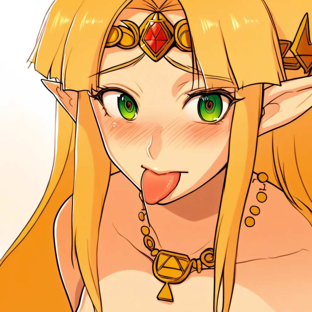 score_9, score_8_up, score_7_up, source_anime, expressive, anime, (N4G4R3IPP0N), 1girl, long hair, princess zelda, pointy ears, blonde hair, green eyes, anime colouring, tongue out, blushing, large breasts,