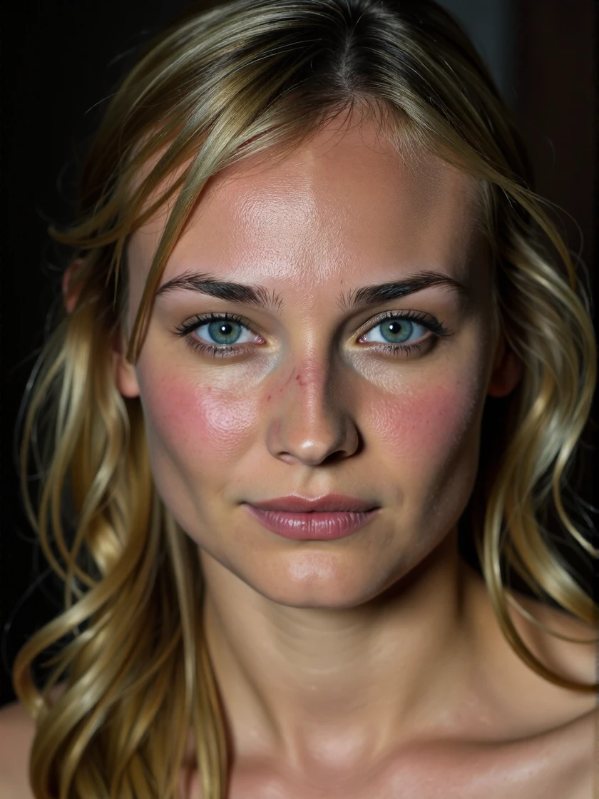 <lora:Diane_Kruger_Ca2002:1> woman, blonde <lora:zz_s_Stylish_Lighting:0.5> <lora:zz_s_Fluxartis:0.5> A highly detailed cinematic photography as a boxer, gritty, dirty, bloody, swolen lip, bruised eye socket, sweaty, film still, action scene, in a boxing match, in an old boxing ring, back room somewhere in south america, boxing someone who is bigger and stronger <lora:zz_s_Stylish_Lighting:0.5>, extreme close-up, zoomed, focus on face, centered, macro shot, face centered, focus on eyes, looking directly at the viewer, looking directly at the camera, making eye contact, looking straight ahead, modest clothes, modest apparel, chest covered, modesty <lora:zz_s_Chest_Size_Slider:-2>âââ