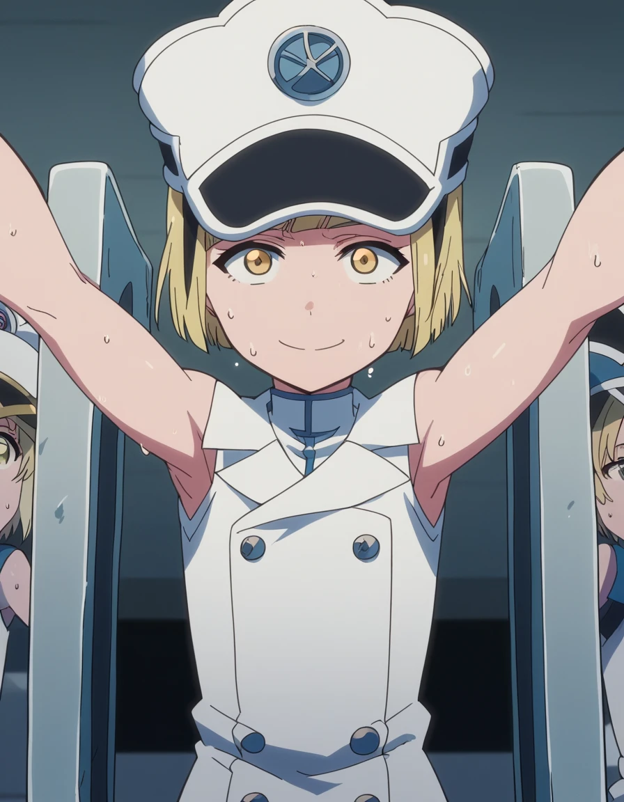 score_9, score_8_up, score_7_up, source_anime, <lora:liltotto-lampered-tybw-ponyxl-lora-nochekaiser:1>, liltotto lampered, short hair, blonde hair, yellow eyes, anime screencap, thighhighs, hat, sleeveless, uniform,, gym, weights, machines, people, sweat, smile, on back, arm support, arms up, incoming hug, pov, reaching, reaching towards viewer,, looking at viewer, solo,, cowboy shot, solo