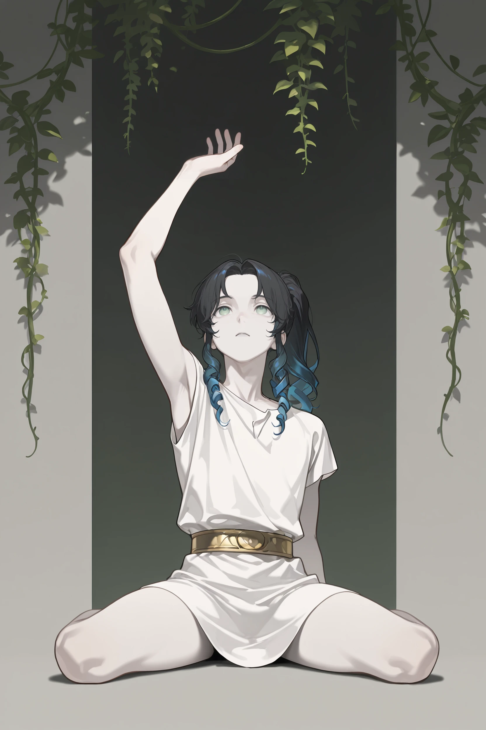 masterpiece, best quality, newest, absurdres, highres, 1boy, solo, bishounen,
<lora:MeiYaoLanIllustriousV1:1> meiyaolan, green eyes, black hair, long hair, twin drills, drill bangs, curly hair, ponytail, forehead,
blending, closed mouth,ancient greek clothes , greco-roman clothes, gold belt, tunic, sitting, pale skin, wariza, bracelet, bare arms,
flower ,gradient hair ,grey lips , leaf , look up, arm up,
limited palette ,multicolored hair, blue hair, plant ,silhouette ,
simple background,straight-on ,vines,