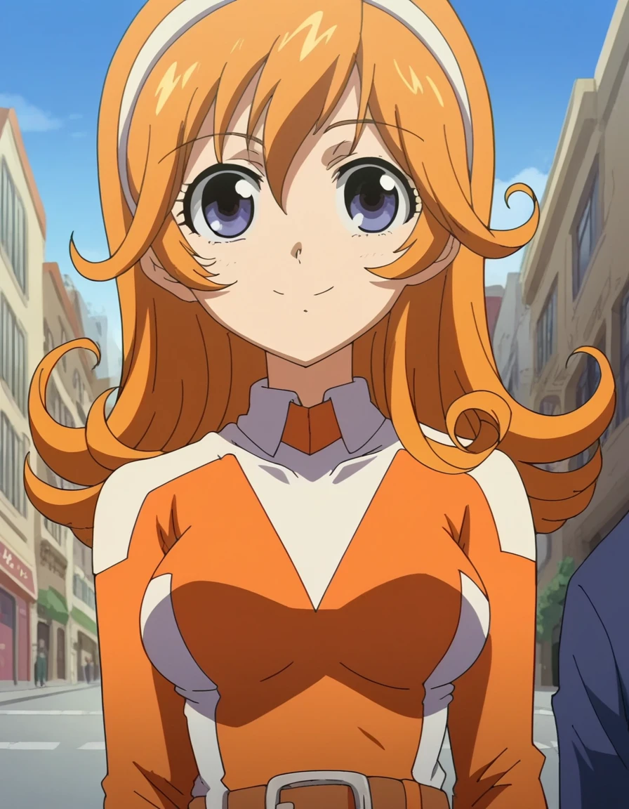 score_9, score_8_up, score_7_up, source_anime, <lora:ruu-riruri-s1-ponyxl-lora-nochekaiser:1>, ruu riruri, brown hair, puprle eyes, hairband, orange hair, curly hair, medium breasts, anime screencap, bodysuit, orange bodysuit, belt, sidewalk, pedestrians, city, street, walking, smile, from below, looking at viewer, solo,, cowboy shot, solo