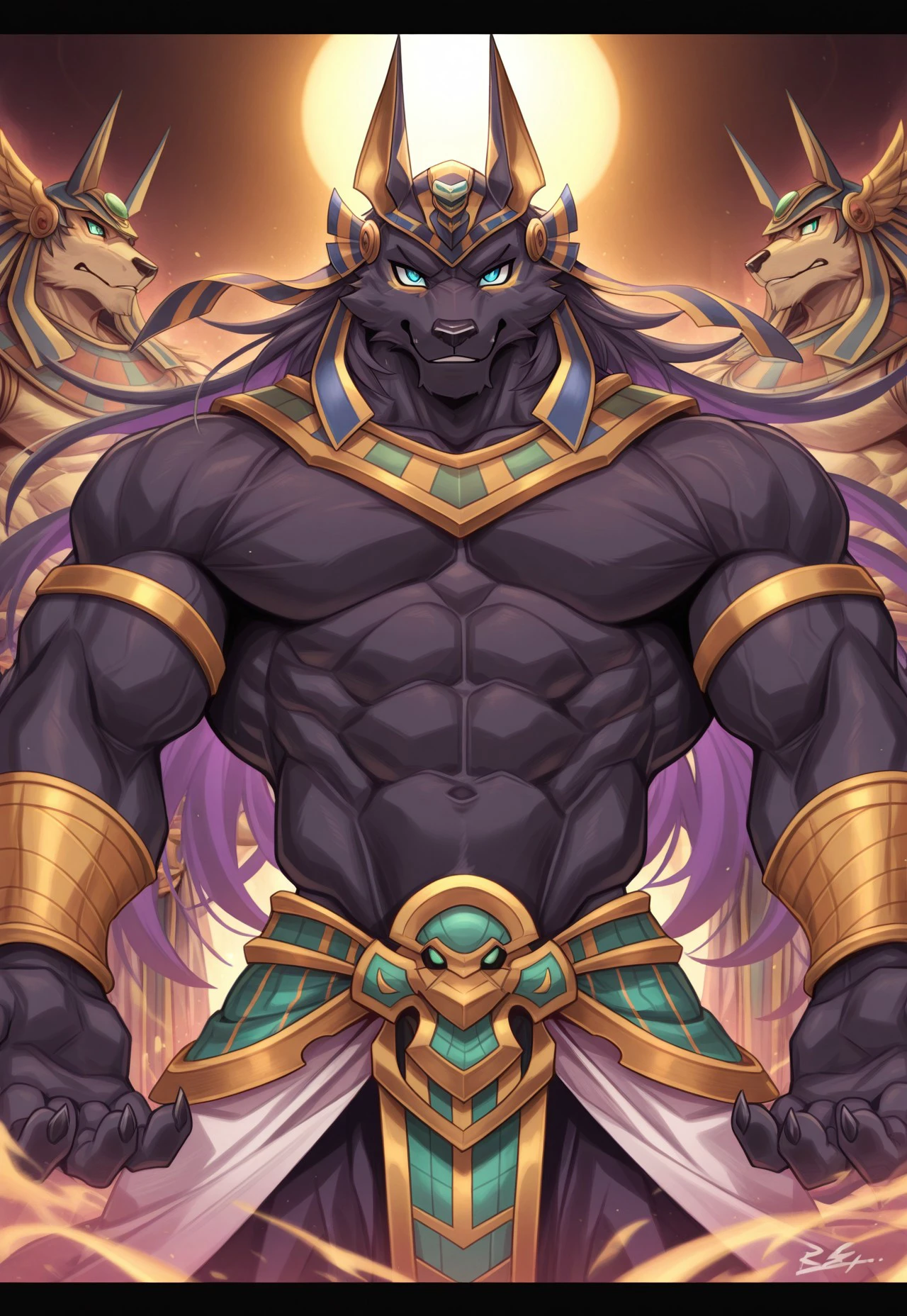 masterpiece, best quality, r4bb1ty, abs, furry, black_bars, canid, canine, canis, clothed, clothing, digital_media_\(artwork\), egyptian_mythology, fur, group, letterbox, male, mammal, middle_eastern_mythology, muscular, muscular_male, mythology, puzzle_and_dragons, set_\(puzzle_and_dragons\),
, 2024,2023, , masterpiece, best quality, amazing quality,