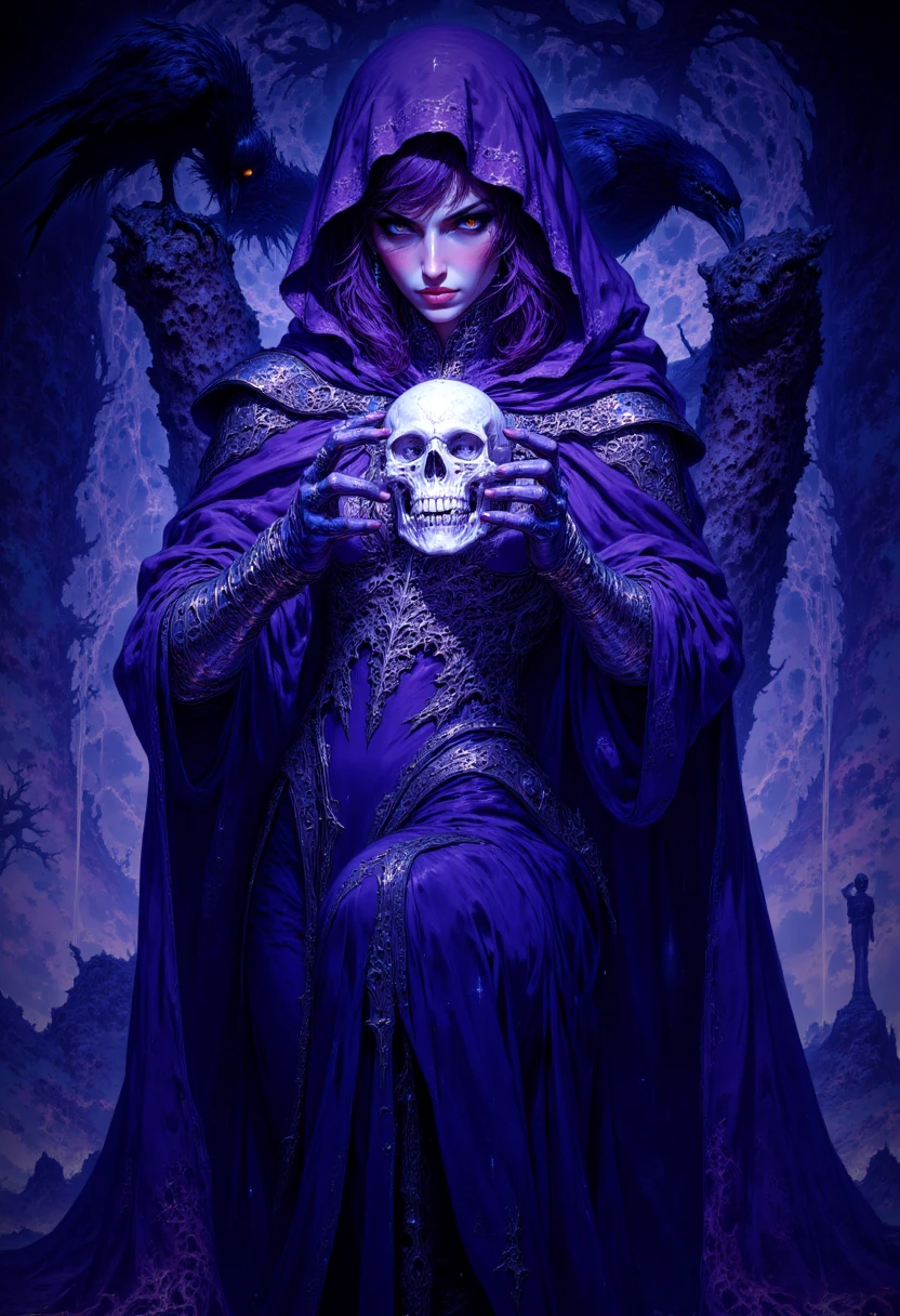 fantasy_art, 1girl, magic user, sexy woman in sorceress robes holding a skull, necromancer, purple hues, action pose, animal companion, raven <lora:Colorful_Fantasy_Art_for_FLUX-000013:1>