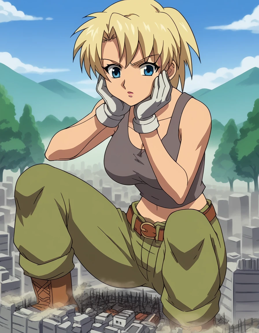 score_9, score_8_up, score_7_up, source_anime, <lora:seimii-s1-ponyxl-lora-nochekaiser:1>, seimii, short hair, blonde hair, blue eyes, large breasts, anime screencap, gloves, midriff, belt, pants, white gloves, tank top,, graveyard, tombstones, dark, trees, eerie, , <lora:giantess-ponyxl-lora-nochekaiser:1> giantess, giant, city, building, outdoors, destruction, sitting, squatting, hands on own cheeks,, looking at viewer, solo,, cowboy shot, solo