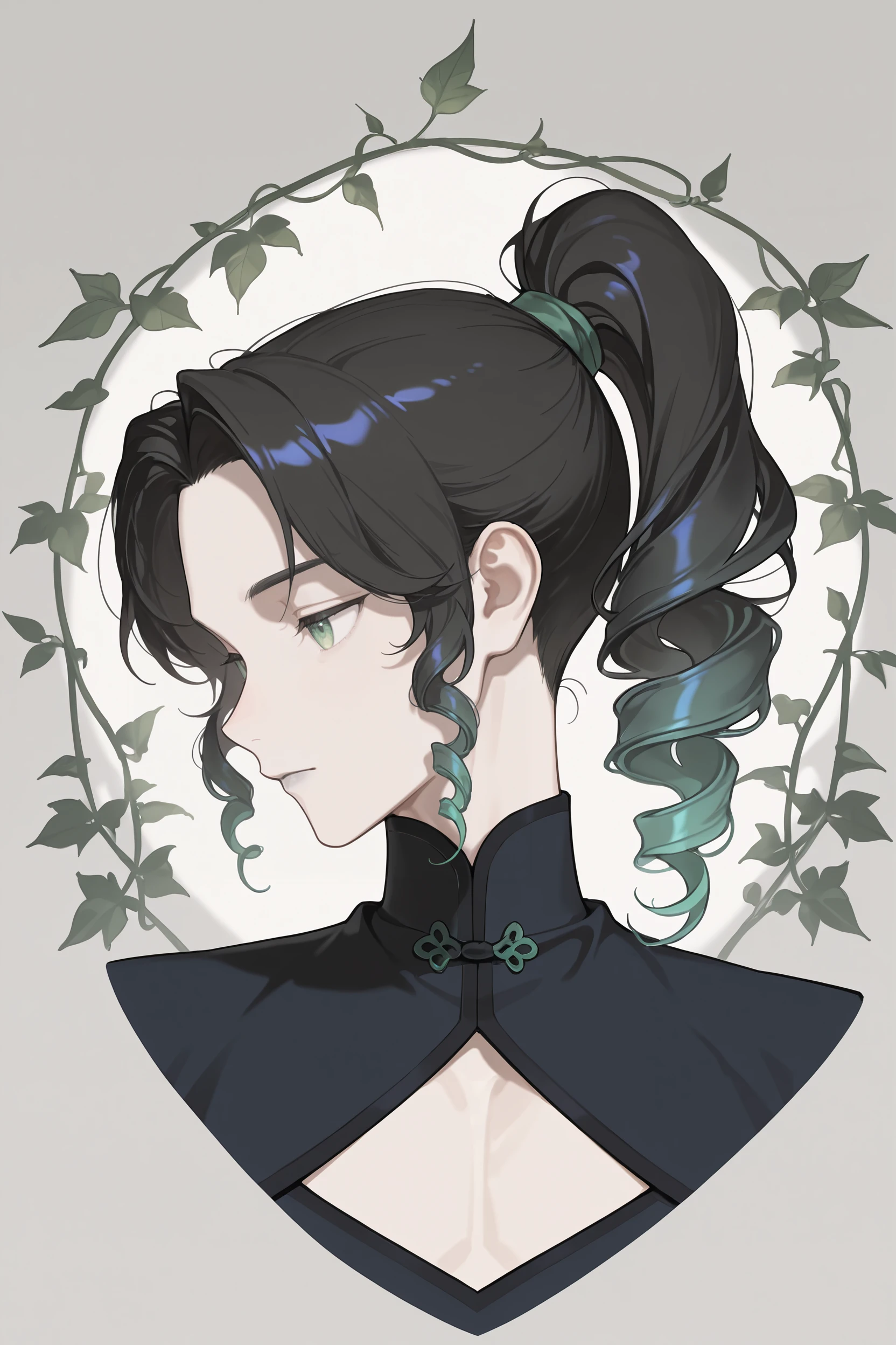 masterpiece, best quality, newest, absurdres, highres, 1boy, solo, bishounen,
<lora:MeiYaoLanIllustriousV1:1> meiyaolan, green eyes, black hair, long hair, twin drills, drill bangs, curly hair, ponytail, forehead,
blending, blue coat ,cleavage cutout,closed mouth,clothing cutout ,coat,
cropped shoulders ,flower ,gradient hair ,grey lips ,high collar ,leaf ,
limited palette ,multicolored hair,plant ,portrait,silhouette ,
simple background,straight-on ,vines, profile,