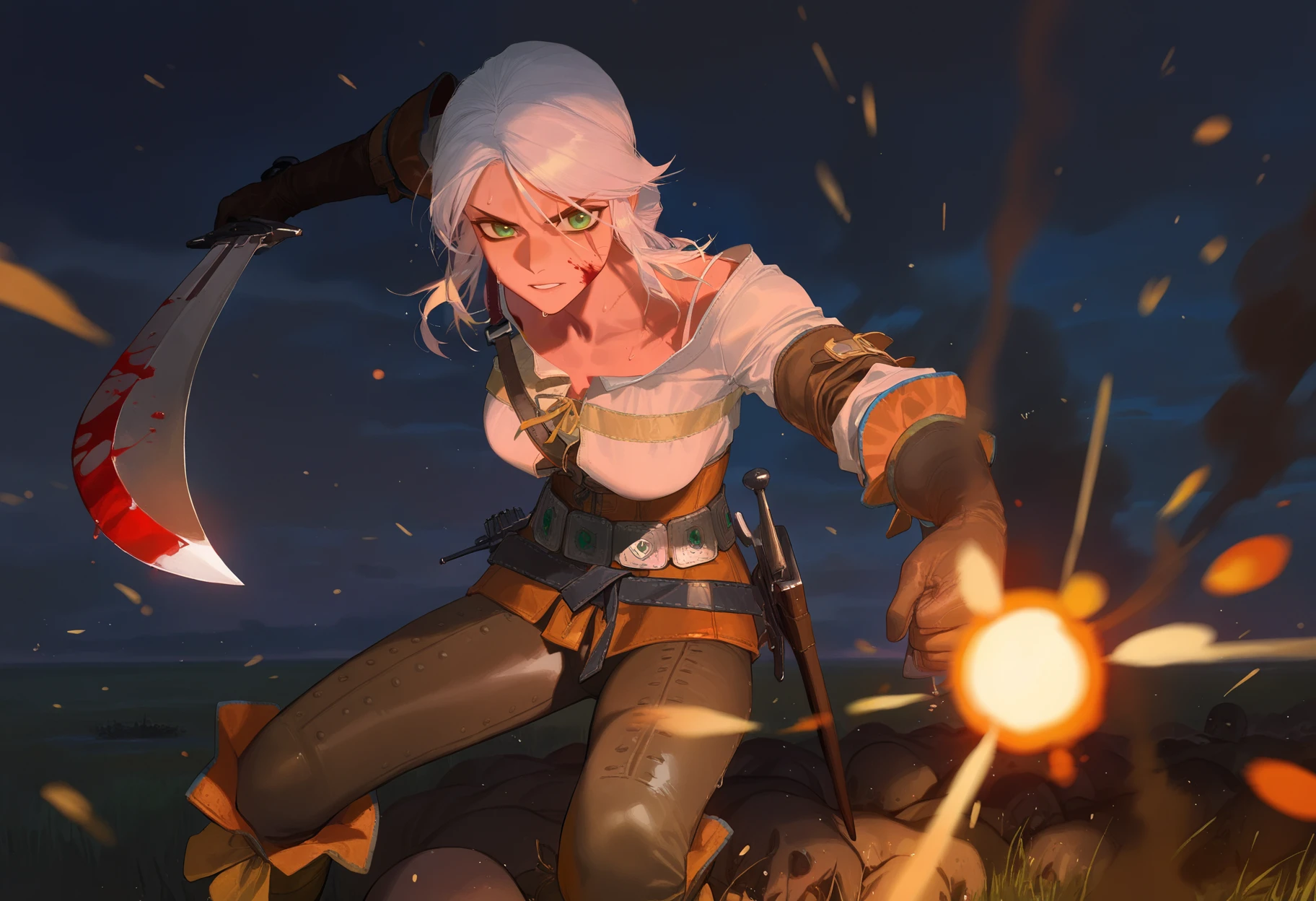 artist:ciloranko,artist:modare,artist:diyokama, best quality, amazing quality, very aesthetic, absurdres, best quality, masterpiece, newest,
1girl, ciri, white hair, green eyes,
scar across eye,
belt, leather gloves, leather pants, white shirt,
holding sword,
fighting stance, blood on face, blood on weapon, sweat,
blood splatter, incoming attack, looking at viewer, dark theme, foreshortening, motion blur, grasslands, battlefield, smoke, pile of corpses, fireball, catapult, raining, water, cloudy sky, embers, night, fighting  <lora:CiriNoobXL_byKonan:1>