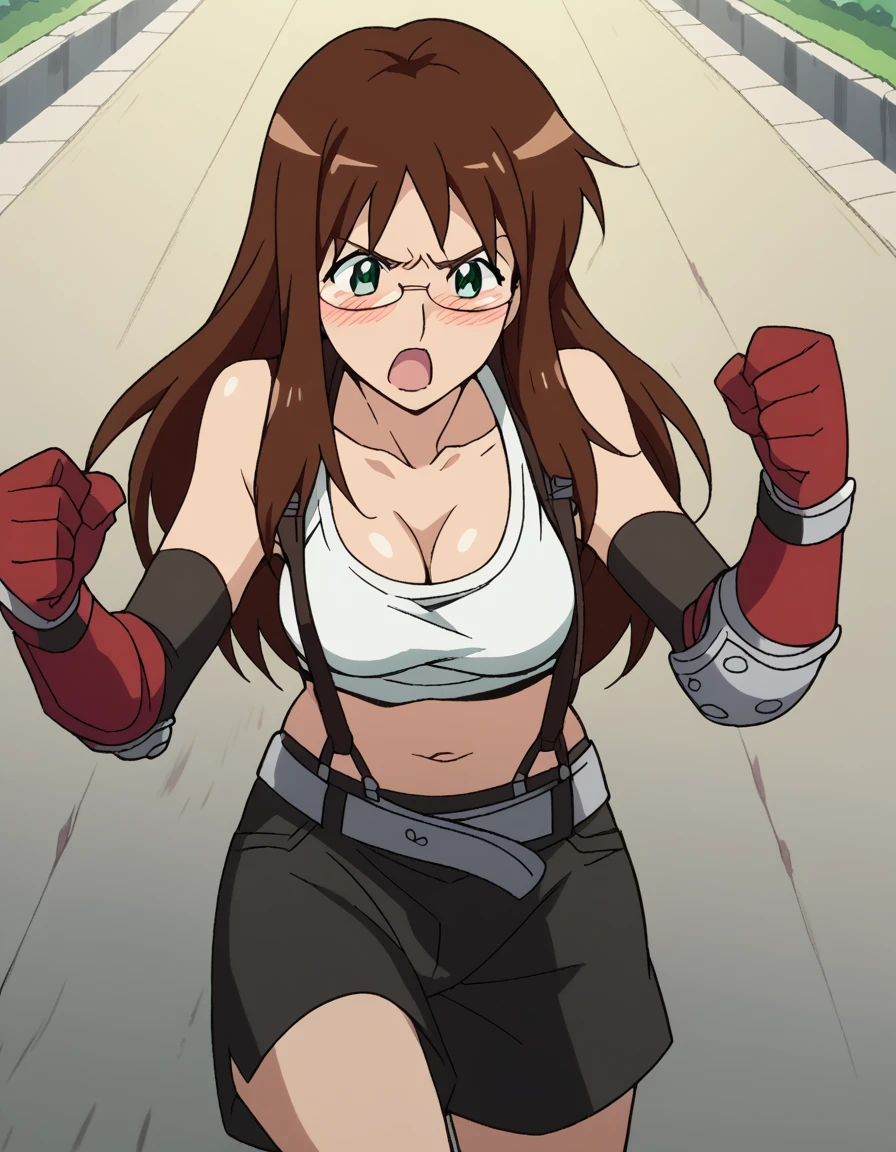 score_9, score_8_up, score_7_up, source_anime, <lora:kinon-bachika-s1-ponyxl-lora-nochekaiser:1>, kinon bachika, long hair, green eyes, brown hair, glasses, mature female, medium breasts, anime screencap, <lora:tifa-lockhart-cosplay-ponyxl-lora-nochekaiser:1>, tifalockhartcosplay, tifa lockhart (cosplay), suspender skirt, suspenders, navel, midriff, white tank top, cleavage, elbow pads, crop top, tank top, shorts, short shorts, collarbone, gloves, elbow gloves,, cityscape, street, blush, open mouth, fighting stance, leg lift, leg up, , cowboy shot, solo