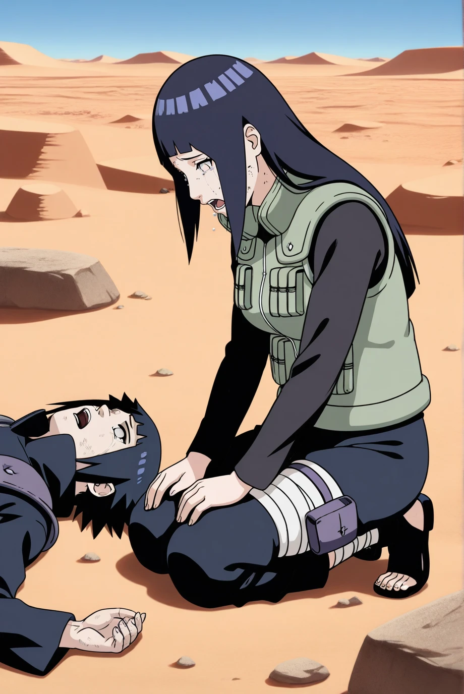absurdres, masterpiece, best quality, very aesthetic, 1girl, solo,
<lora:HinataShippuden-IL-v1-08:0.85>, ChopioHinata, purple hair, long hair, straight hair, shiny hair, blunt bangs, sidelocks, no pupils, white eyes,
medium breasts, mature female,
outfit_2, green vest, black shirt, pouch, long sleeves, black pants, bandaged leg, dirty,
outdoors, desert, rocks, tears, open mouth, crying with eyes open, from side, kneeling, sasuke uchiha, corpse, 1boy, looking down,