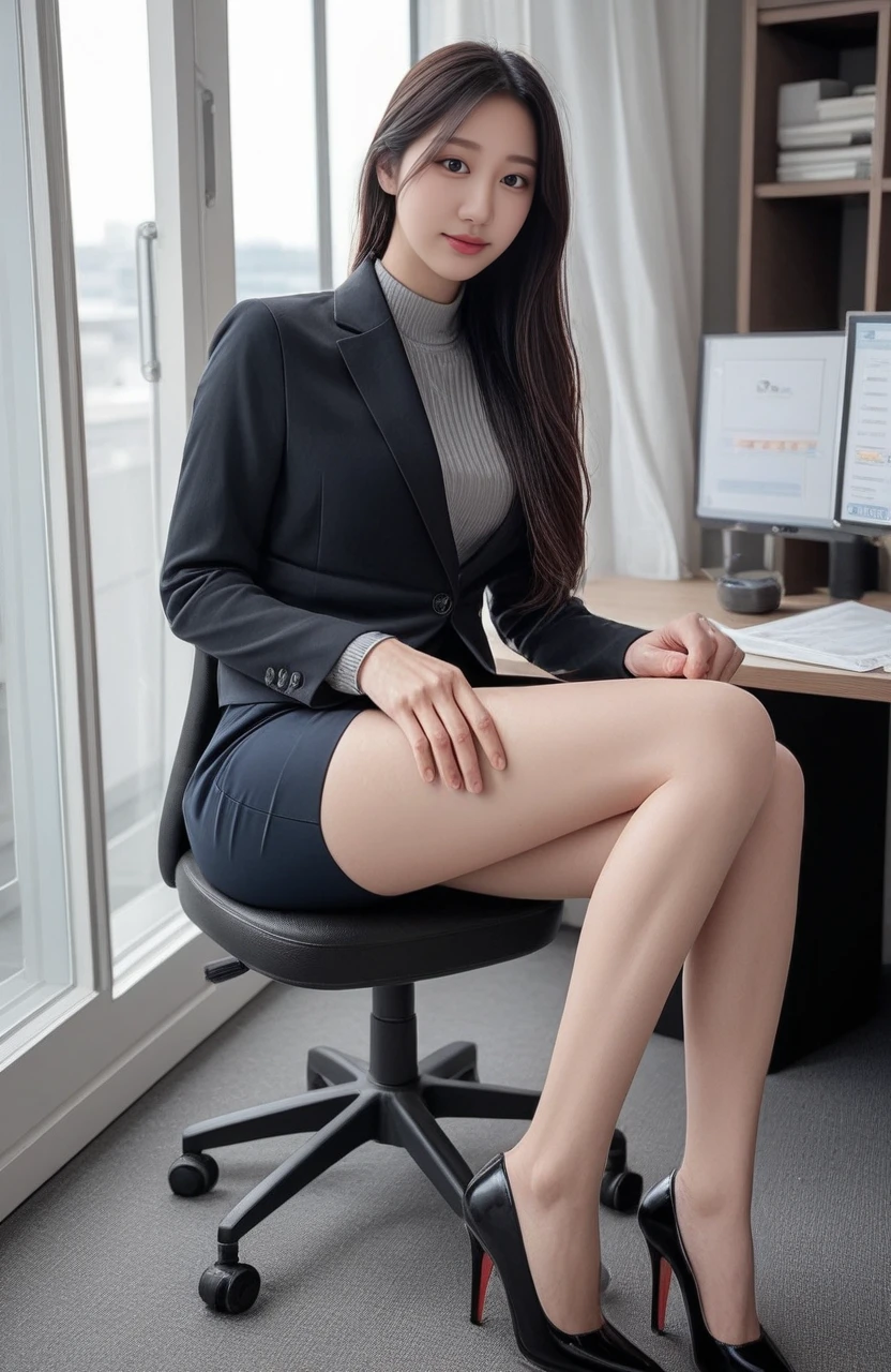 score_9,score_8_up,score_7_up,score_6_up,score_5_up,<lora:spo_sdxl_10ep_4k-data_lora_webui:1.7>,zPDXL3,(exquisite score:1.1),photo\(medium\),(realistic:1.2),photorealistic,reality,dynamic photo,incredibly absurdres,absurdres,highres,detail,intricate detail,detailed,(exquisite:1.1),4k,16k,uhd,depth of field,ray-tracing,dynamic angle,<lora:add_saturation_XL:-0.8>,<lora:add_contrast_XL:-0.5>,<lora:add_brightness_XL:-0.5>,<lora:add_sharpness_XL:0.8>,nsfwupscaler,<lora:BackgroundDetailerV3:0.2>,beautiful background,pureerosface_xl,<lora:ALTXLpony_063_8:0.5>,<lora:Expressive_H:0.8>,Expressiveh,perfect eyes,perfect hands,
BREAK <lora:JCAI_influencer10_unreal:1>,n5th5n5255,female,korean,asian,black eyes,1girl,solo,alone,realistic,(looking at viewer:1.1),formal attire,blue uniform,grey button shirt,black jacket,covered body,black hair,long ponytail,full body,office dress,long skirt,high heels,pantyhose,thighhighs,office,office chair,boss office,