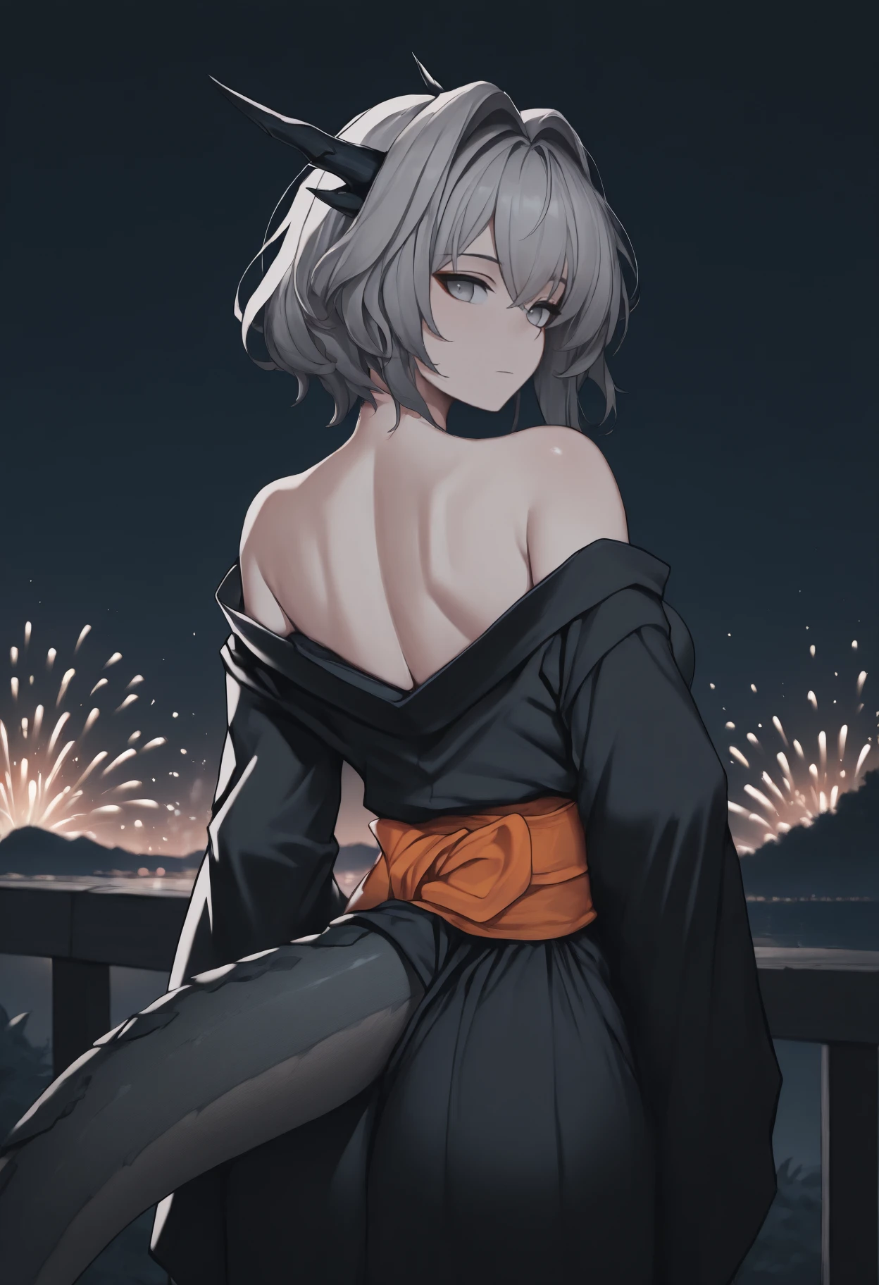 anime, masterpiece, best quality, from behind, solo, 1girl, tlhdef, dragon tail, expressionless, looking back, short hair, grey hair, hair intakes, black horns, dragon horns, grey eyes, japanese clothes, black kimono, off shoulder, orange sash, bare shoulders, outdoors, night, fireworks
<segment:yolo-Anzhc Face seg 640 v2 y8n.pt,0.4,0.5//cid=1>