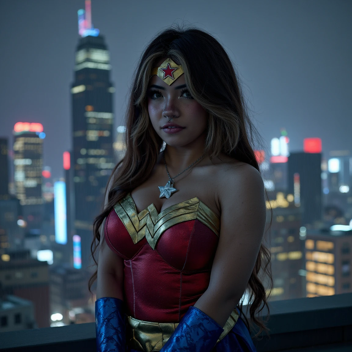 (A cinematic shot of <lora:Angelicat:1> a young woman with a light to medium skin tone. a stunning female model, wavy hair, makeup and mascara. She is dressed as wonder woman, tiara, cuffs. She is standing on the roof of a skyscraper, behind her is a futuristic cyberpunk city. Neon lights are everywhere, it is raining and at night. Looking at the viewer)