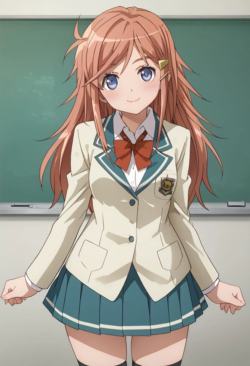 score_9, score_7_up,1girl, blush, breasts,(school uniform, bow, skirt, blazer, socks, standing, orange hair, blue eyes, long hair, 1girl, solo, hair ornament, hairclip, small breasts), looking at viewer, smile, solo, highres, zPDXL3, detailed face, head tilt, tilted head, short, short girl,