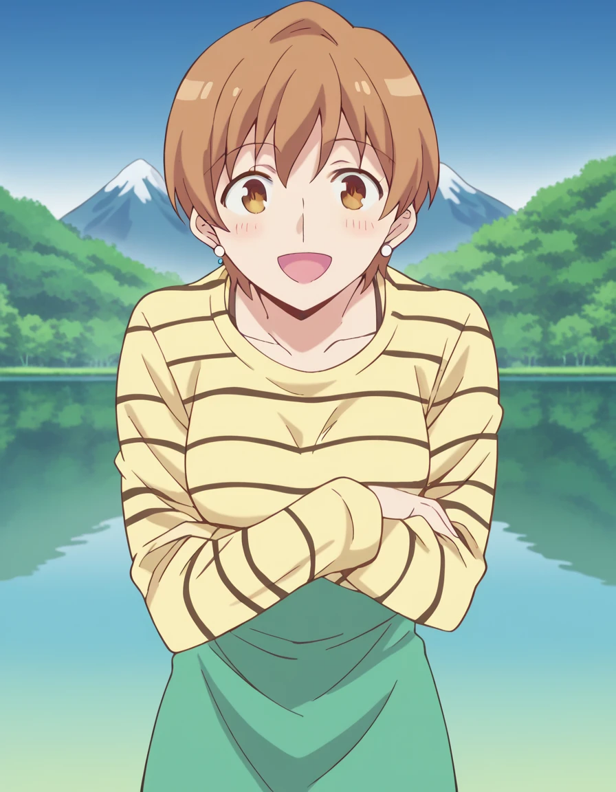 score_9, score_8_up, score_7_up, source_anime, <lora:taiga-fujimura-emiyachi-ponyxl-lora-nochekaiser:1>, taiga fujimura, short hair, brown hair, brown eyes, mature female, medium breasts, anime screencap, jewelry, earrings, striped, apron, long sleeves,, lake, water, reflection, mountains, calm, smile, <lora:x-arms-ponyxl-lora-nochekaiser:1>, x arms, blush, open mouth, leaning forward,, looking at viewer, solo,, cowboy shot, solo