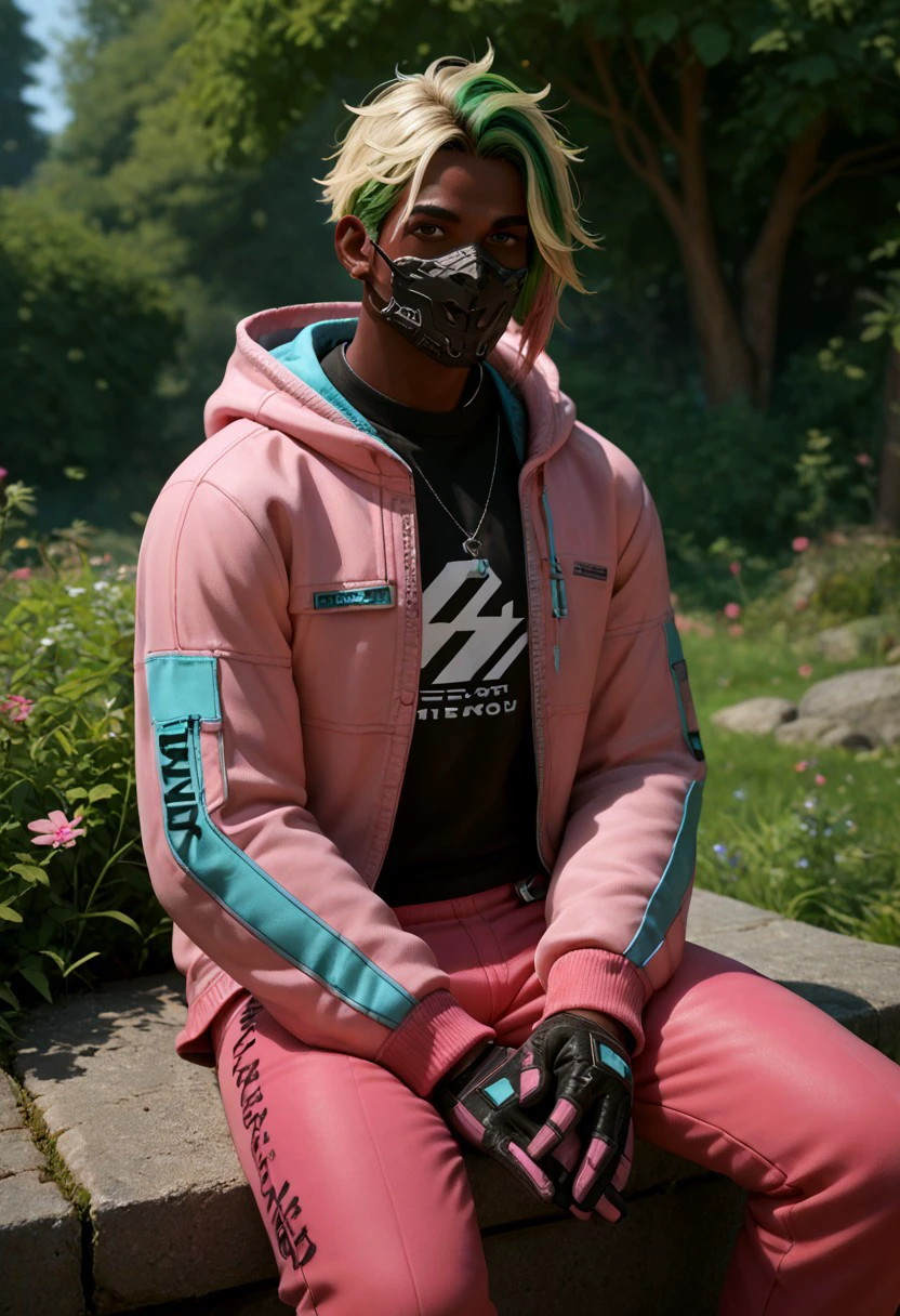 PonyXLV6_Scores BREAK V4NGU4RD, V4NGU4RD, solo, 1boy, pink jacket, sitting, jacket, hood, male focus, own hands together, pants, pink pants, gloves, headphones, green hair, blonde hair, outdoors, looking at viewer, mask, colored skin, black gloves, dark skin, multicolored hair, shirt, hoodie