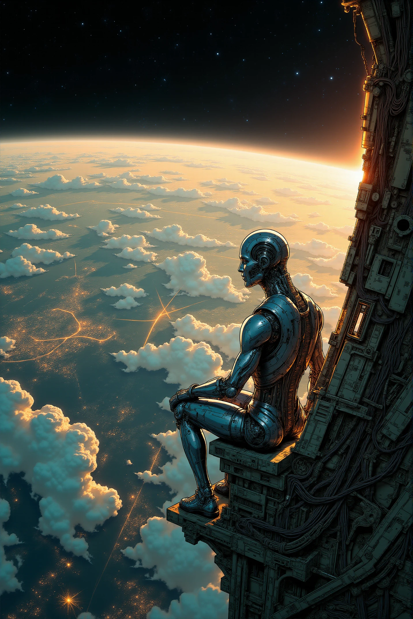 <lora:FANCHA_v.4:0.8> Fancha style. This image captures a mesmerizing sci-fi scene, depicting a humanoid robot seated on the edge of an intricate space structure overlooking Earth from orbit. The robot, designed with delicate, human-like contours, has sleek metallic limbs and a streamlined body, suggesting a highly advanced, bio-mechanical nature. The vast expanse of space is portrayed with a stunning sense of scale, and Earth appears luminous and detailed beneath, its city lights and cloud formations faintly visible across the curved horizon. The warm, glowing light of the sunrise on the left side bathes the scene in a soft orange hue, creating dramatic contrasts between light and shadow on the robot's surface and the industrial textures of the surrounding space architecture. The structure itself is dense with wires, gears, and mechanical components, capturing an intricate level of detail that enhances the imageâs sense of realism and immersion. Fine linework and shading lend it a graphic novel or cyberpunk illustration style, combining elements of futurism with a contemplative mood. The composition evokes a sense of solitude and wonder, as the robot gazes into the cosmos, suggesting themes of exploration, existence, and the relationship between artificial life and the vastness of space.