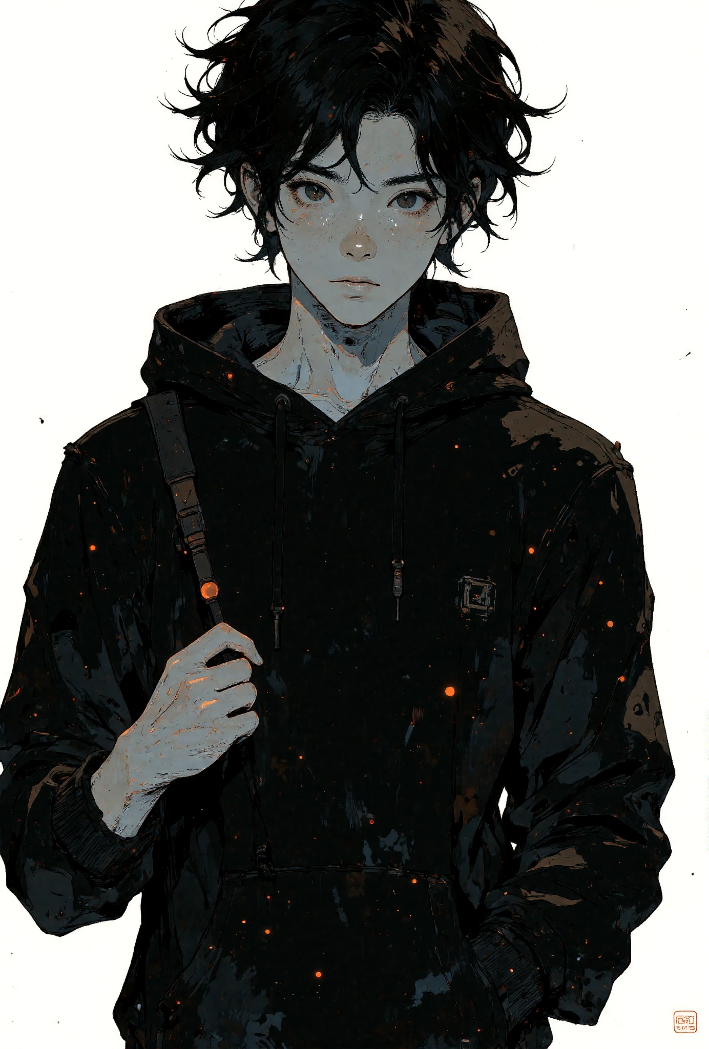 A highly detailed anime-style illustration of a mysterious man with white skin. The man has tousled, layered hair that falls naturally, and he is wearing a casual hoodie with visible folds and a clean design. One hand lightly pulls on the hoodie, adding a subtle dynamic element to the pose.
The man's face is partially obscured with deep black shadows, enhancing the mysterious and dramatic tone of the image. The background is minimalist, with a solid light color that contrasts with the intense black-and-white palette of the character. Strong lighting from the top-right highlights the folds of the hoodie and adds depth to the overall illustration, maintaining a calm yet intriguing atmosphere.
<lora:Anime v1.3:1.2> <lora:Blue_Future:0.9> <lora:Ethereal_Brush_Anime_v1.0:0.6> <lora:It's a LoRA for portraits, BUT! actually specialized in backgrounds. v1.0:0.2> <lora:Dark_and_sentimental:0.6>