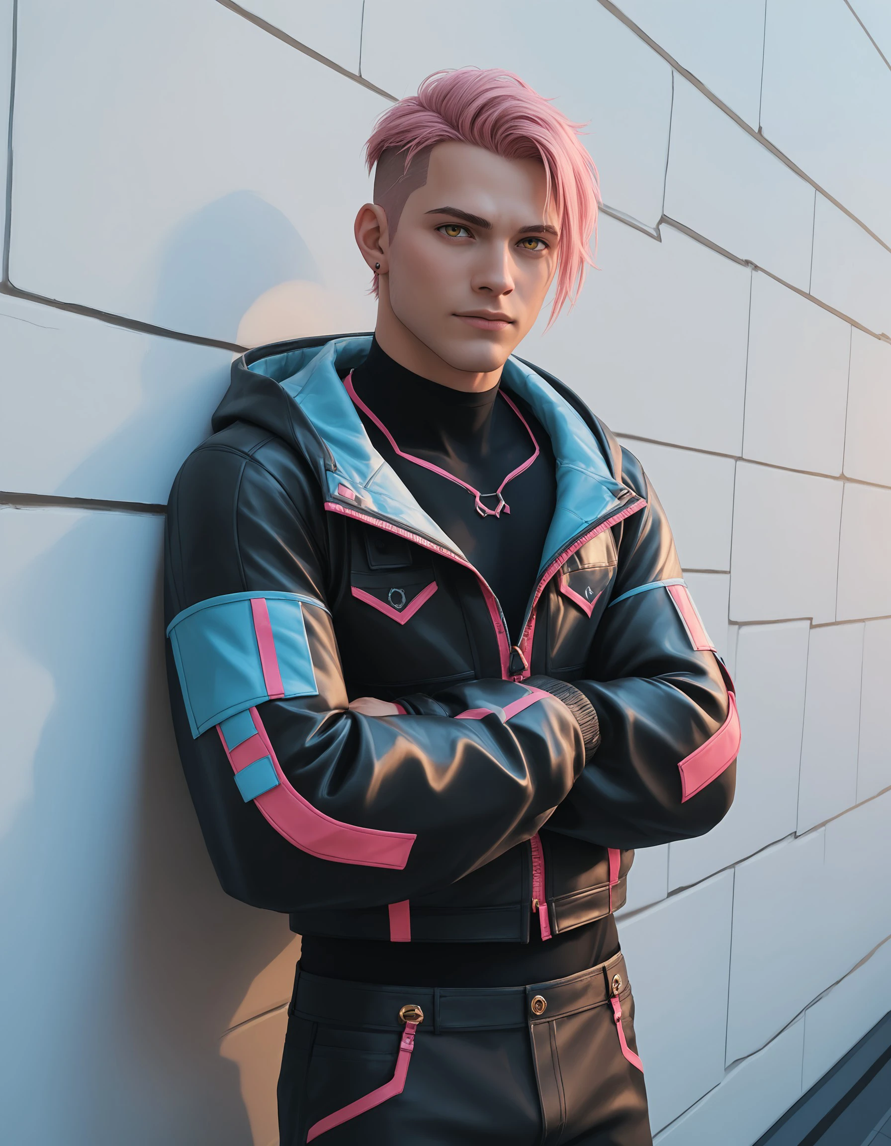 score_9, score_8_up, score_7_up, score_6_up, score_5_up, score_4_up, V4NGU4RD, solo, 1boy, male focus, gold eyes, pink hair, hyur, gloves, fingerless gloves, portrait, arms folded, against wall, looking at viewer, straight on, cinematic lighting, jacket, bolero, shirt, cyberpunk, techwear, <lora:69d37ce4-88b9-407f-910d-7a7c935ab51d:0.7>