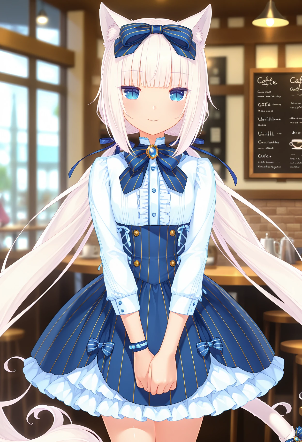 anime screencap, masterpiece, best quality,
<lora:Nekopara_Vanilla_IlluXL:0.9>,
1girl, solo, closed mouth, smile,
low twintails, white hair, blunt bangs, blue eyes, slit pupils, animal ears, cat tail, white tail,
VanillaCasual, hair bow, striped bow, blue bow, blue bowtie, hair ribbon, blue ribbon, brooch,
white shirt, center frills, long sleeves, high-waist skirt, pinstripe skirt, buttons, layered skirt, blue skirt, white skirt,
wristband, tail ornament,
v arms, legs, standing, looking at viewer, cowboy shot,
cafe, indoors, blurry background