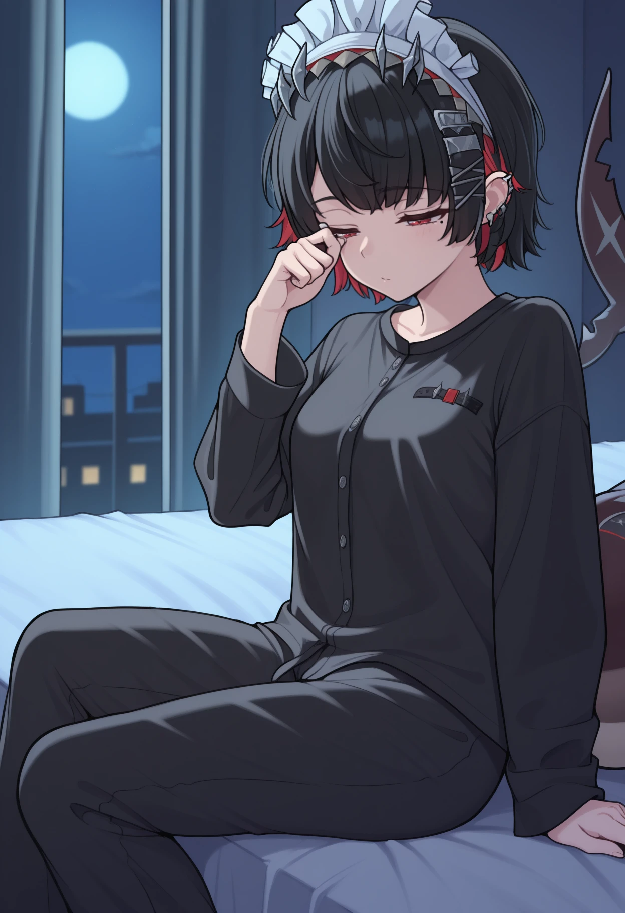 masterpiece, best quality, feet out of frame, solo, 1girl, ell3nj0e, mole under eye, shark tail, fins, ear piercing, tired, sitting, on bed, rubbing eyes, short hair, colored inner hair, black hair, red hair, x hair ornament, maid headdress, red eyes, half-closed eyes, pajamas, black shirt, long sleeves, black pants, indoors, night, bedroom, moonlight
<segment:yolo-Anzhc Face seg 640 v2 y8n.pt,0.4,0.5//cid=1>