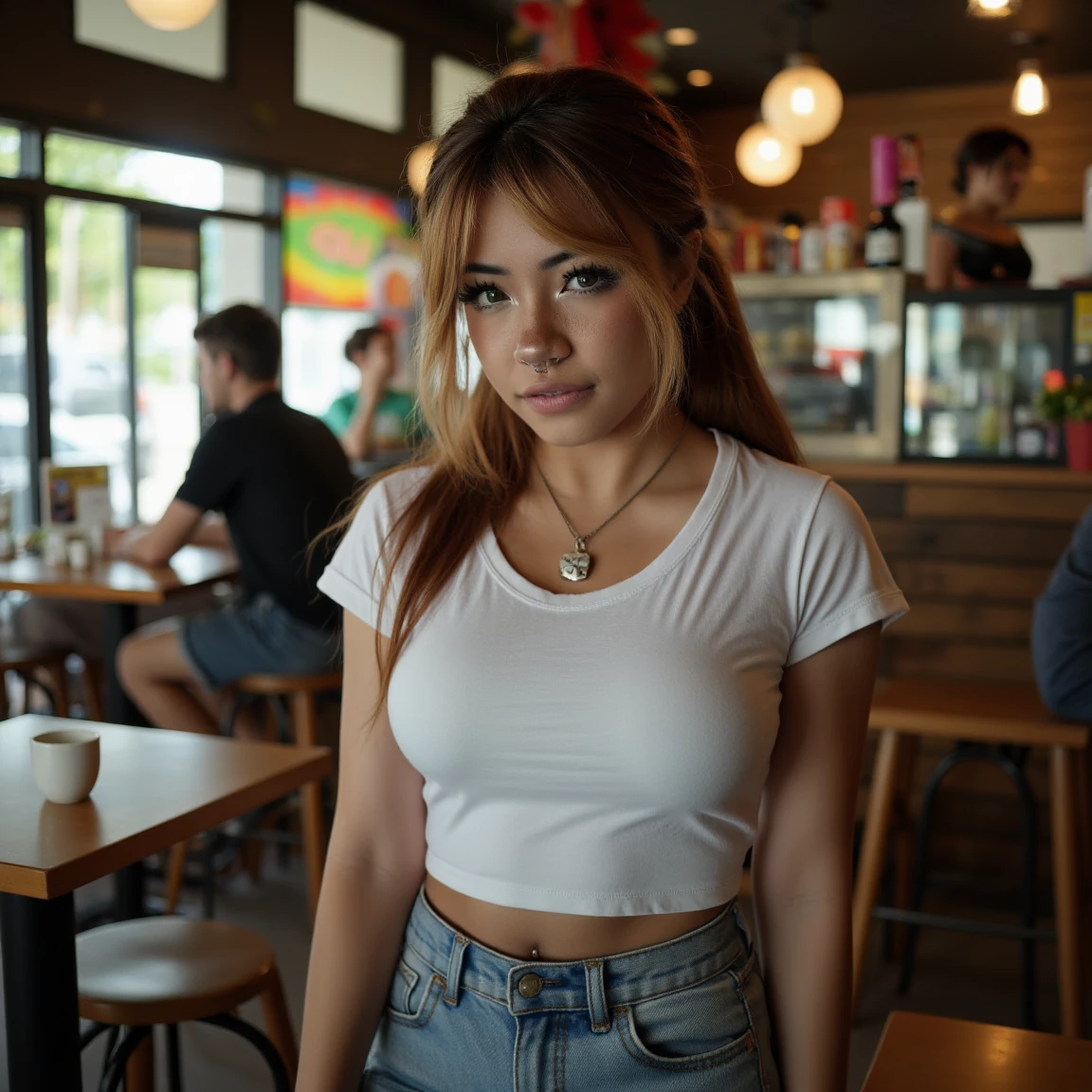 (A cinematic shot of <lora:Angelicat:1> a young woman with a light to medium skin tone. a stunning female model, tight ponytail hair, makeup and mascara. She is wearing a t-shirt and jeans, standing in cafe looking at the viewer)
