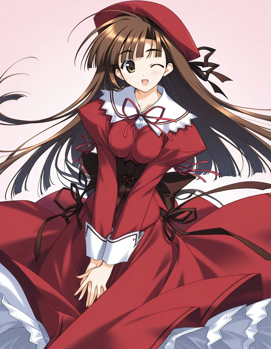 general,highres, ultra-detailed,very aesthetic,best quality ,best hands,  BREAK <lora:Mikage_Subaru_IS:1> Mikage_Subaru, 1girl,solo, brown hair, brown eyes, very long hair, blunt bangs, medium breasts,
Mikage_Subaru, solo, one eye closed, hat, red dress, smile, frills, beret, skirt, ribbon, open mouth, long sleeves, bow,