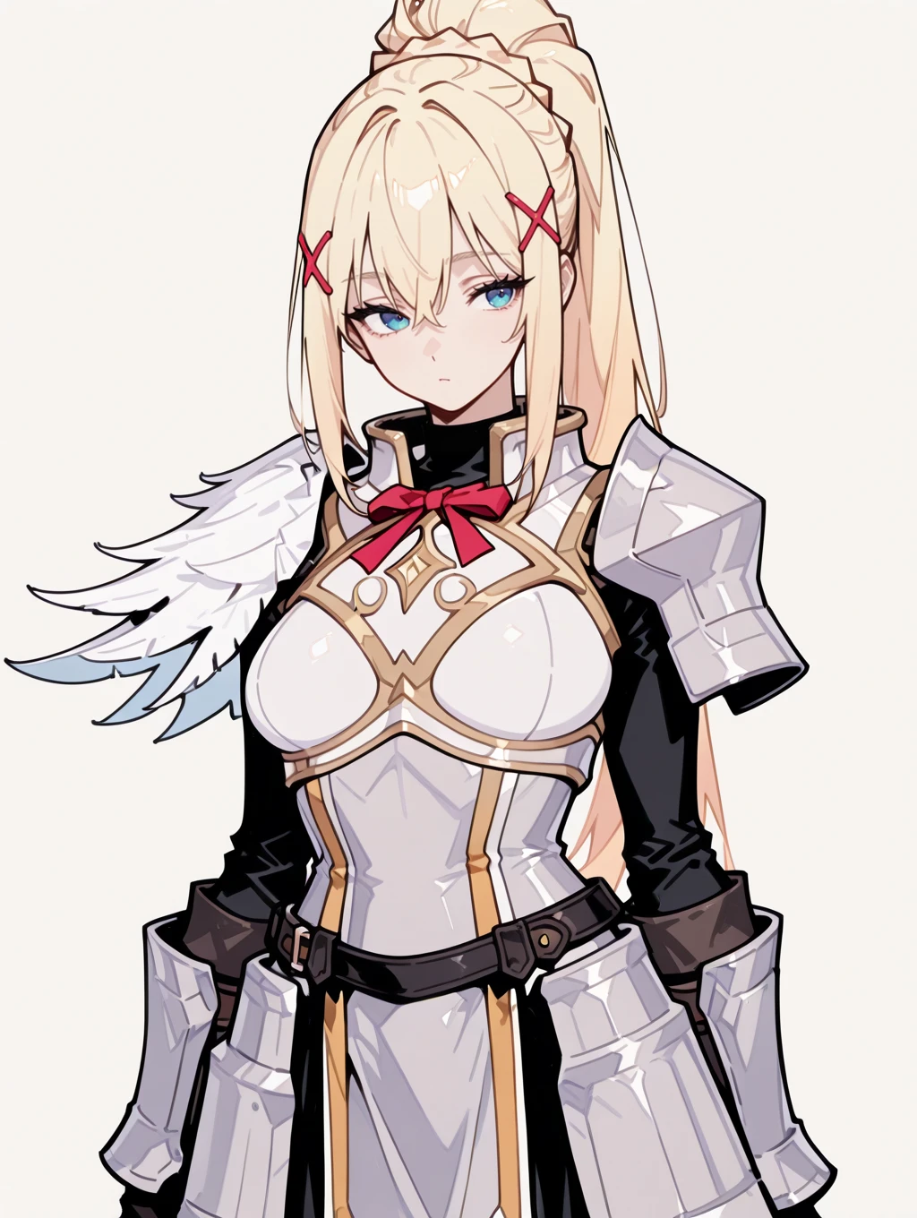 perfect quality,high quality,masterpiece,best quality,amazing quality,very aesthetic,absurdres,newest,
front view,full_shot,
DustinessCYQL,1girl,solo,blonde hair,long hair,ponytail,braid,hair between eyes,blue eyes,hair ornament,x hair ornament,armor,armored dress,shoulder armor,gloves,black gloves,breasts,dress,breastplate,
full body,standing,waving,,
lightgray background,simple background,
<lora:NoctFlatStyleIllustrious:1>,abstract,flat color,muted color,<lora:745cmSDXLvpred75S:0.6>,748cmstyle,<lora:wl-illV1:0.8>,<lora:lora-000004.by_tusi:1>,