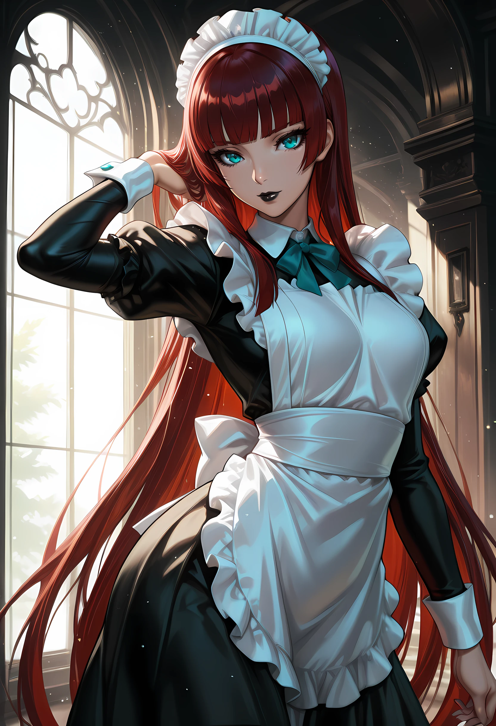 Smooth Quality - Illustrious, Masterpiece, source_anime, cowboy shot, woman, pretty, beautiful, slim, curvy, dark_red hair, very long hair, hime cut, very straight hair, blunt bangs, teal eyes, black eyeliner, lips, black lipstick, Maid outfit, maid dress, maid skirt, pose, unique pose, vivid colors, shiny and glossy, anime style, high-res, beautiful aesthetic, very intricate, high-quality details, vibrant, highly detailed, award-winning, professional,