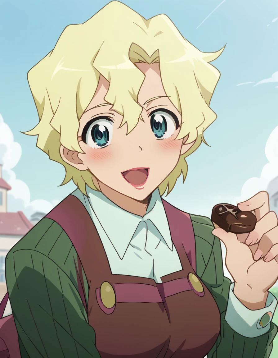 score_9, score_8_up, score_7_up, source_anime, <lora:kiyoh-littner-s1-ponyxl-lora-nochekaiser:1>, kiyoh littner, short hair, blue eyes, blonde hair, lipstick, large breasts, anime screencap, <lora:incoming-chocolate-ponyxl-lora-nochekaiser:1> incoming food, chocolate, holding, holding chocolate, holding food, food, looking at viewer, open mouth, blush, smile, school uniform,, , cowboy shot, solo