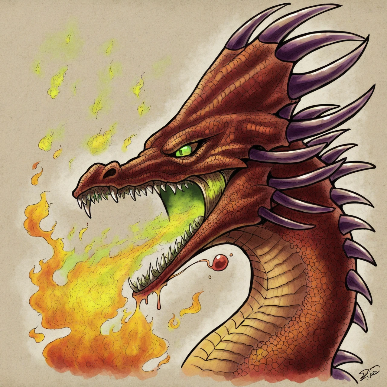 score_9, score_8_up, score_7_up, rustdragon, dragon, green eyes, spikes, open mouth, sharp teeth, close up, head and shoulders portrait, acid spit, spitting acid, breathing out acid, stream of acid, acid splash, acid breath, dragon breath, fire breath, green fire, acid fire, fire acid, pyro acid, liquid fire, <lora:Might__Magic_Collection:0.8> inricate details, detailed, high quality artwork