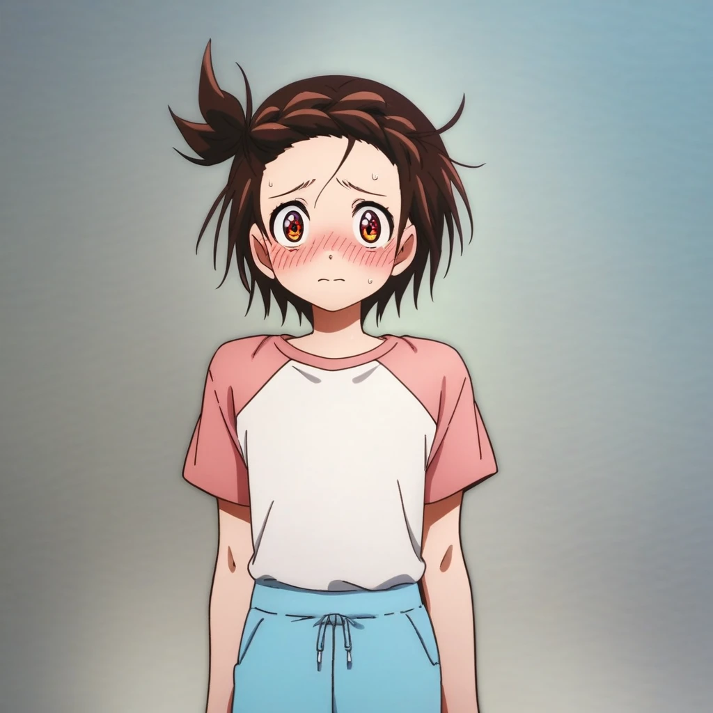 score_9, score_8_up, score_7_up, source_cartoon, prefect lighting, very aesthetic, intricate details, highly detailed background, high quality, perfect hands, best quality, 1girl, solo, yuitsuka inori, medalist, brown hair, one side up, braided bangs, brown eyes, two tone shirt, white shirt, pink sleeves, short sleeves, blue shorts, black pantythose, standing, nervous, reception, blush, looking at veiwer, shy,