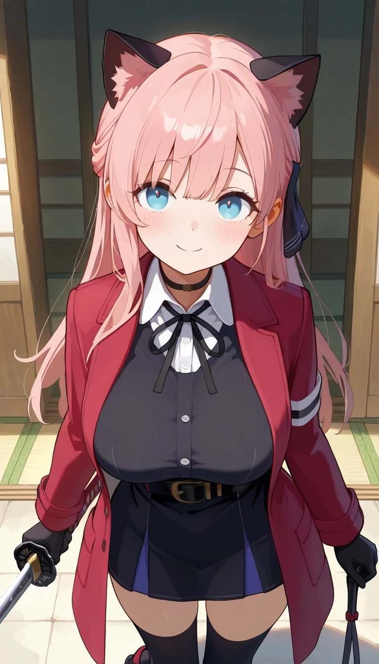 (masterpiece),best quality,amazing quality,very aesthetic,absurdres,newest,perfect body,shiny skin,perfect eyes,detail1eye,well-defined fingers,well-defined fingernails,anime style,indoors,1girl,solo,upper body,(portrait:1.5),looking at viewer,facing viewer,smile,blush,Vivi,cat ears,long hair,pink hair,hair ribbon,black ribbon,sidelocks,bangs,blue eyes,choker,red coat,black dress,collared shirt,white shirt,shirt under dress,neck ribbon,white button,long sleeves,black gloves,holding katana,large breasts,black belt,black thighhighs,zettai ryouiki,boots,black footwear,<lora:Vivi(v atmi)-Illus:1.6>,