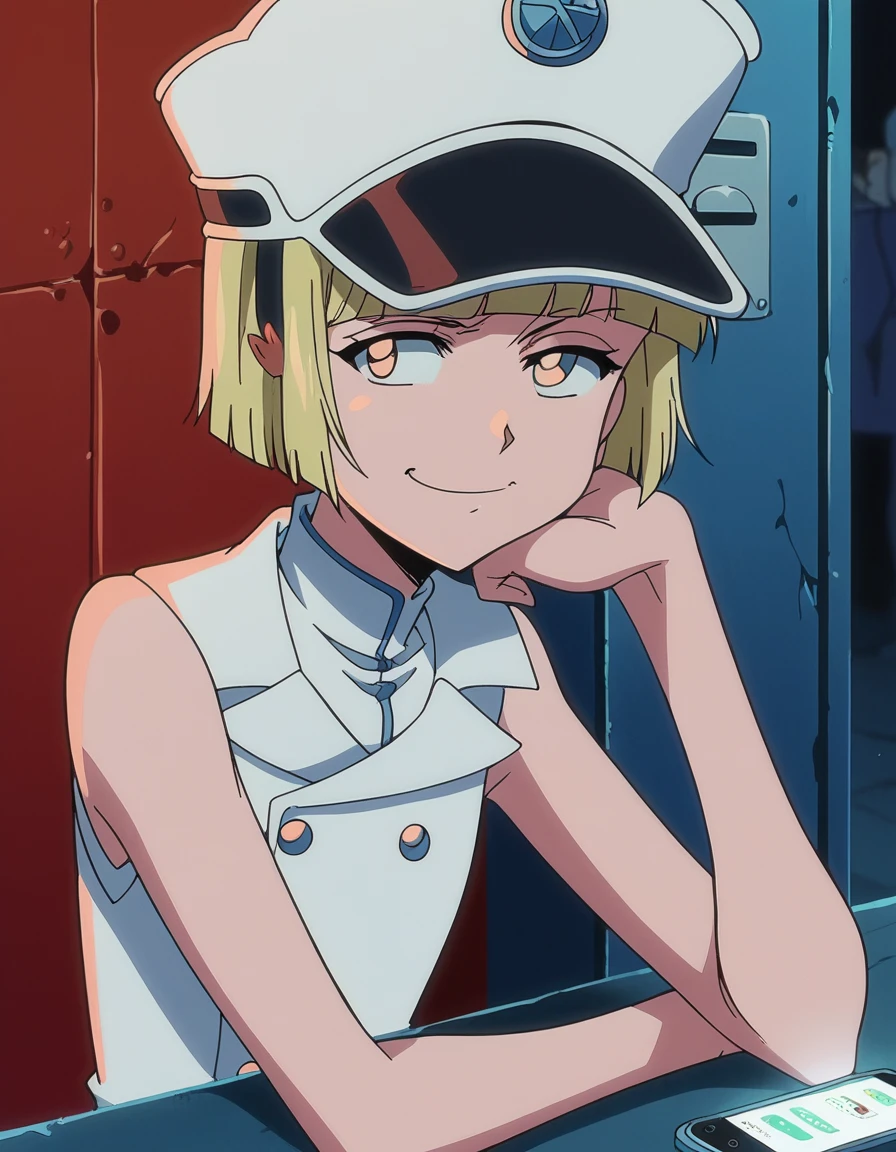 score_9, score_8_up, score_7_up, source_anime, <lora:liltotto-lampered-tybw-ponyxl-lora-nochekaiser:1>, liltotto lampered, short hair, blonde hair, yellow eyes, anime screencap, thighhighs, hat, sleeveless, uniform,, phone booth, glass, phone, street, retro, , head rest, smug, looking at viewer, solo,, cowboy shot, solo