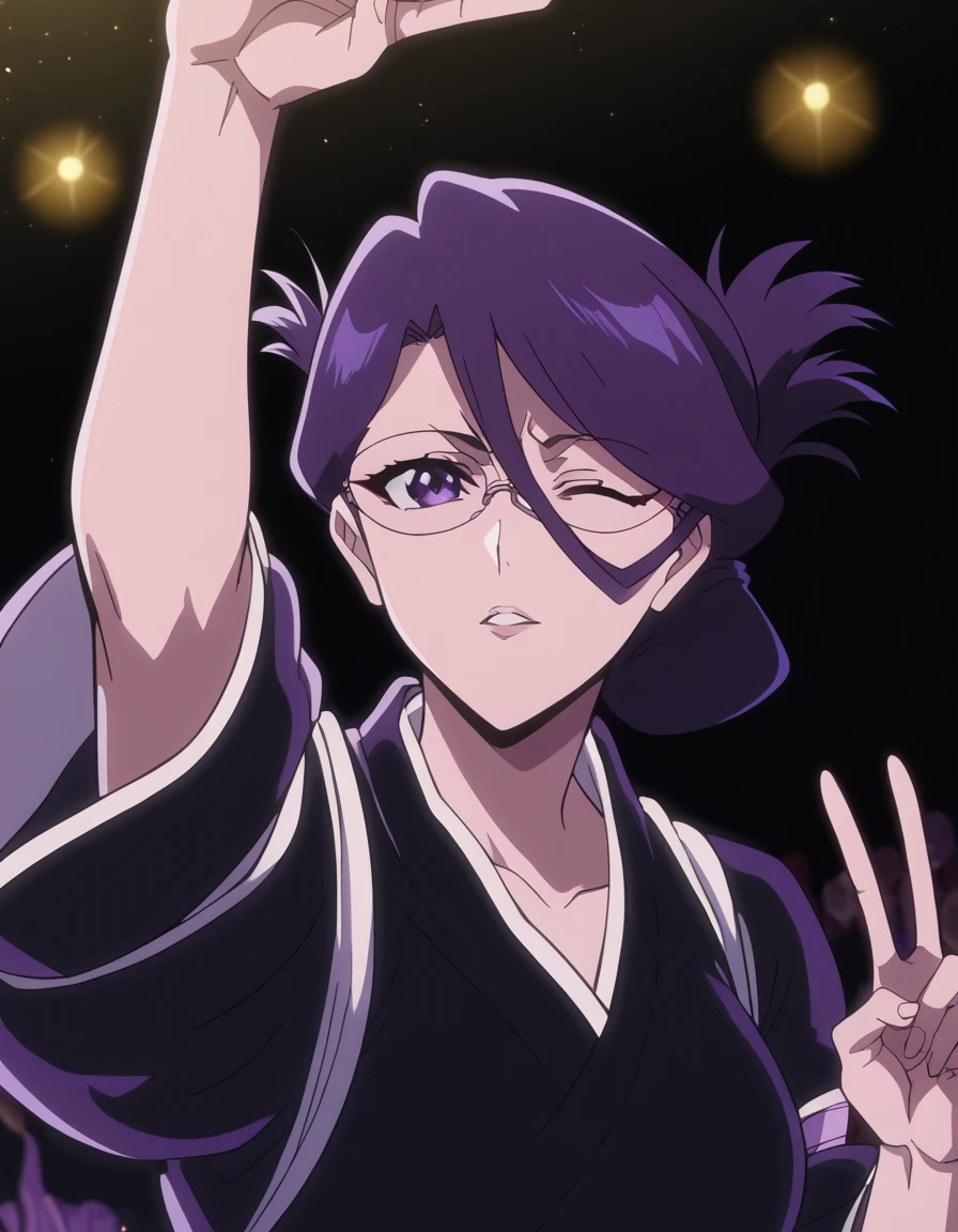 score_9, score_8_up, score_7_up, source_anime, <lora:nanao-ise-tybw-ponyxl-lora-nochekaiser:1>, nanao ise, short hair, purple eyes, black hair, glasses, folded ponytail, hair between eyes, mature female, medium breasts, anime screencap, japanese clothes, kimono, black kimono,, arena, seats, stage, event, audience, , <lora:selfie-outstretched-arm-ponyxl-lora-nochekaiser:1> selfie, arm up, foreshortening, looking at viewer, outstretched arm, reaching, reaching towards viewer, v, parted lips, one eye closed, cowboy shot, looking at viewer, solo,, cowboy shot, solo