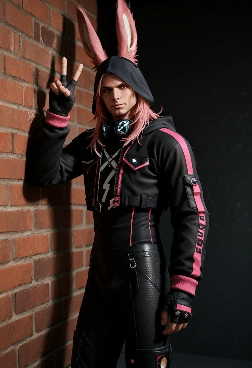 score_9, score_8_up, score_7_up, score_6_up, score_5_up, score_4_up, V4NGU4RD, solo, 1boy, male focus, yellow eyes, pink hair, viera, gloves, fingerless gloves, animal ears, against wall, furry, looking at viewer, jacket, hood, bodysuit