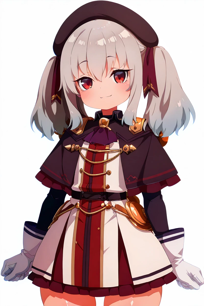 masterpiece, best quality, solo, curvy, beautiful eyes, zzRetzel, red eyes, grey hair, hair ribbon, long hair, medium hair, two side up, hair between eyes, twintails, beret, ribbon, black headwear, ascot, white gloves, shirt, <lora:Retzel_PrimaDoll_IXL:1.0>, dynamic pose, cowboy shot, smile, looking at viewer, shiny skin,<lora:HaradaTakehitoIXL_v3:1.3>, <lora:ZankuroIXLLight_v2:0.6>,