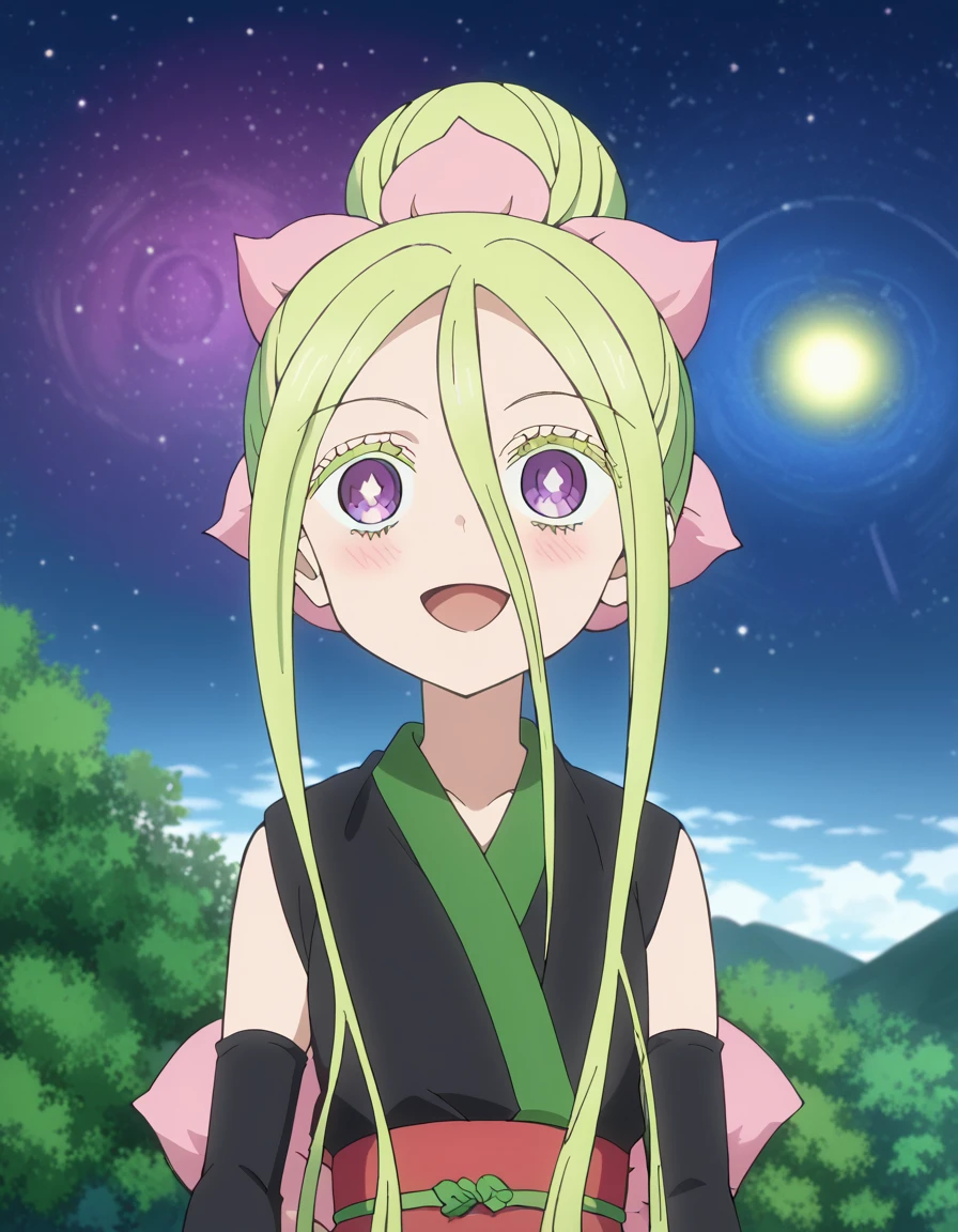 score_9, score_8_up, score_7_up, source_anime, <lora:sengokuyouko-hanatora-s2-ponyxl-lora-nochekaiser:1>, hanatora, long hair, very long hair, purple eyes, green hair, hair ornament, hair bun, single hair bun, hair between eyes, white pupils, anime screencap, gloves, bow, ribbon, japanese clothes, elbow gloves, sleeveless, obi, sash, kimono, black kimono, Man-made, architecture, structures, civilization, urban, smile, <lora:space-cat-ponyxl-lora-nochekaiser:1> space cat, space cat (meme), galaxy, meme, space, galaxy background, universe, nebula, star (sky), blank stare, looking up, open mouth, blush, cowboy shot, looking at viewer, solo,, cowboy shot, solo