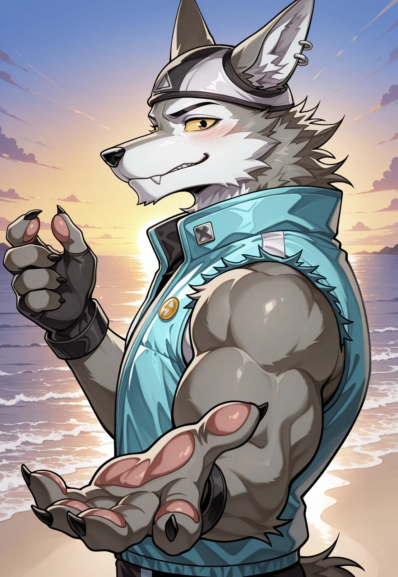 furry, solo, muscular male,
, close up, reaching,upper body, sunset, (sleeveless jacket), looking at viewer, close up, beach, side view, nice eyes, eyes, muscular, two tone fur, two tone body, headwear headgear, grey body, ear ring, ear piercing, brown fur, brown body, epic games fortnite wolf mammal, canis, canine, canid, wendell \(fortnite\), yellow sclera, reaching hands, 5 fingers, pawpads, (blush:0.7)
, 2024, 2023, 00gnuhc, masterpiece,best quality,amazing quality,