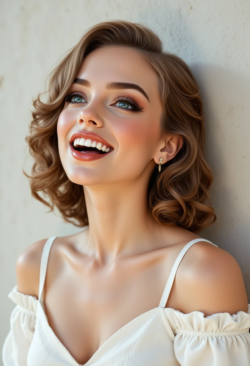 headshots, multiple angles,, retro50s_style, photoshoot poses; the image is a portrait of a S0phi@v2. she is standing. she has piercing eyes. She is wearing a white off-the-shoulder blouse with ruffled sleeves. She has happy look on her face. she is laughing with her mouth open. The background is a simple white wall. The overall mood of the image is happy.RAW candid cinema,16mm,color graded portra 400 film,remarkable color,ultra realistic,textured skin,remarkable detailed pupils,realistic dull skin noise,visible skin detail,skin fuzz,dry skin,shot with cinematic camera,detailed skin texture,(blush:0.2),(goosebumps:0.3),subsurface scattering,beautiful photograph in the style of Augustus John,Sergio Toppi,Virginia Frances Sterrett,8k HD,detailed skin texture,ultra realistic,textured skin,analog raw photo,cinematic grain,whimsical.perfection style