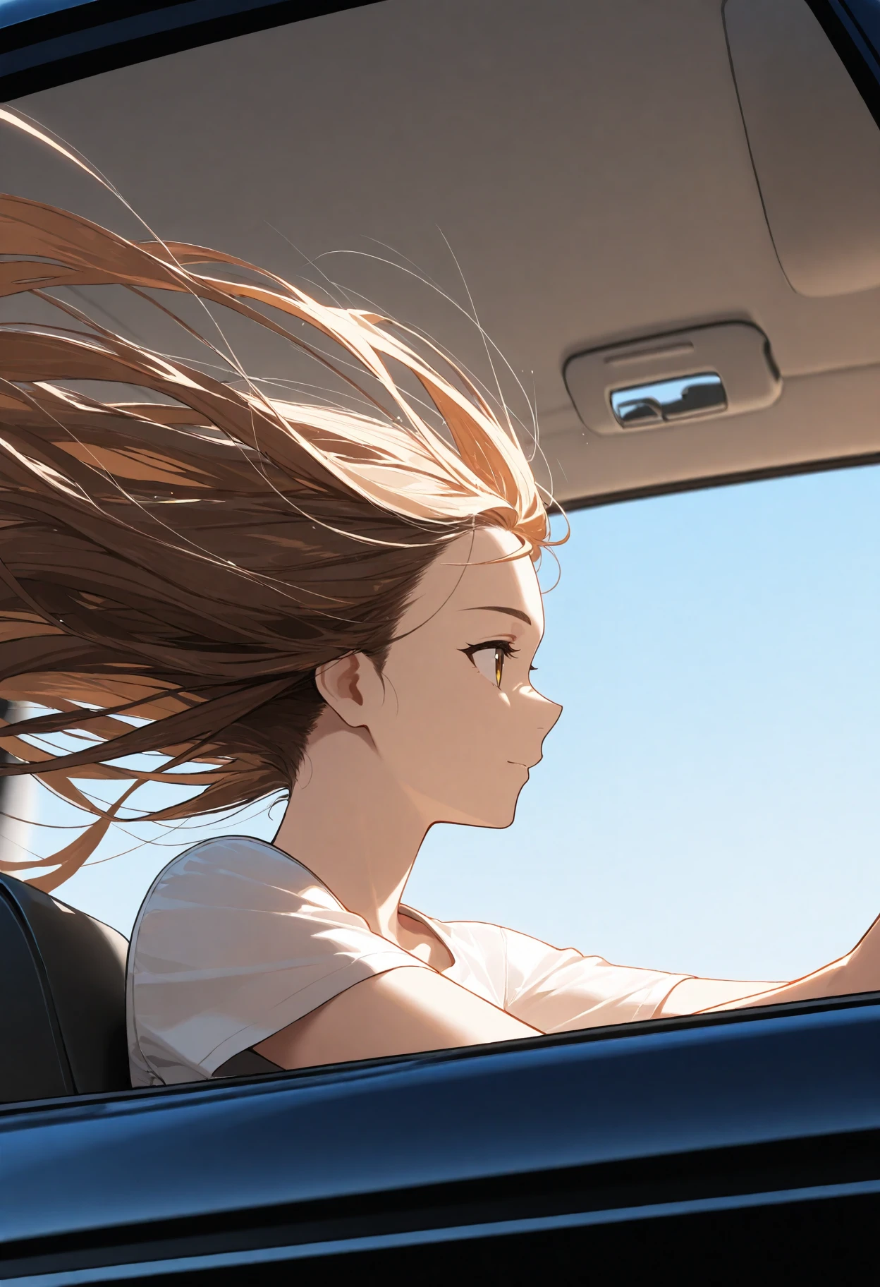 portrait, car, driving, 1girl, flowing hair, wind, best quality, masterpiece, <lora:HairFlowIllustrious:0.7>