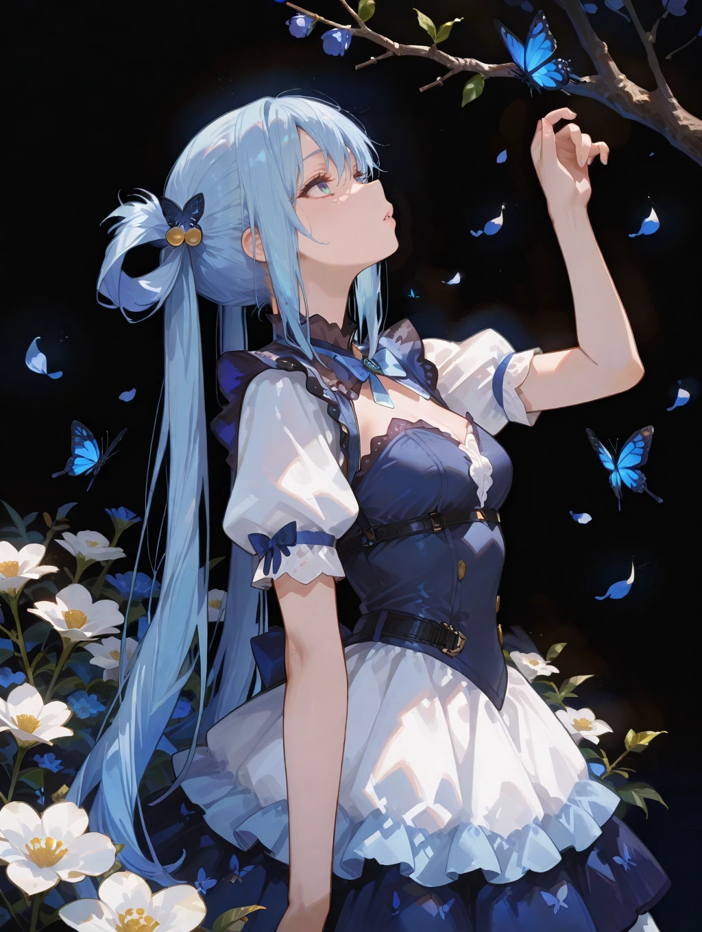 perfect quality,high quality,masterpiece,best quality,amazing quality,very aesthetic,absurdres,Cinematic Lighting,newest,Tactical use of shadow,
AquaCYQL,1girl,solo,long hair,blue hair,very long hair,hair rings,hair ornament,blue eyes,
dress,flower,closedeyes,blackbackground,handonownchest,fromside,shortsleeves,whitedress,petals,bluedress,twintails,veryprofile,butterfly,bug,branch,partedlips,handup,lowtwintails,simplebackground,lookingup,breasts,standing,floralprint,
<lora:ponyv4_noob1_2_adamW:0.7>,<lora:spo_sdxl_10ep_4k-data_lora_webui:0.6>,<lora:USNR STYLE_XL_loha:0.45>,<lora:748cmSDXL:1>,usnr,748cmstyle,<lora:Aqua_Illustrious by Cyql:1>,