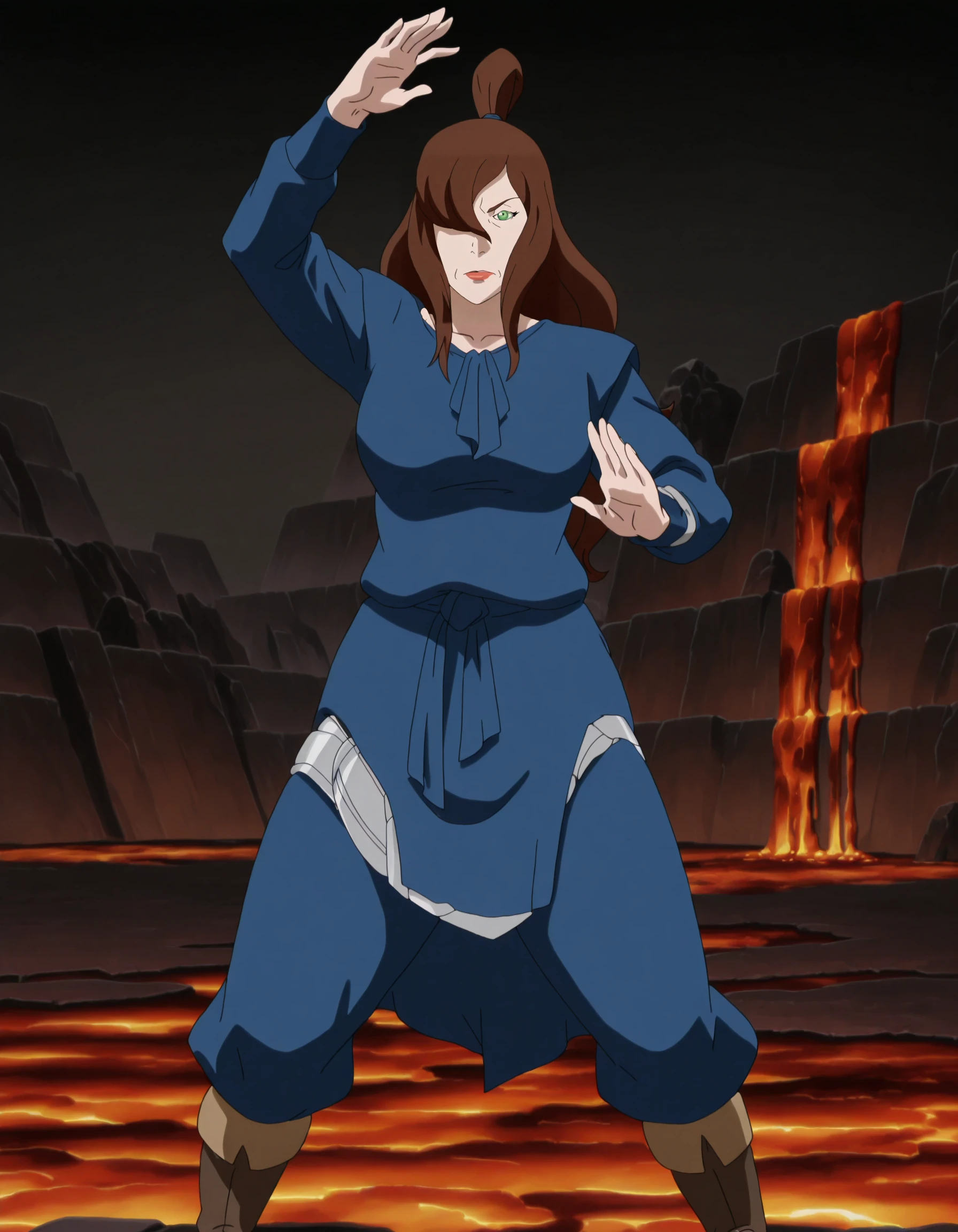 perfect composition, shadows, shading, full body, solo, <lora:feh-style-richy-v1_ixl:0.8> fehdef, <lora:KorraStyleIXL:1>, <lora:anime_screencap-Illustrious:0.8> anime screencap, anime coloring, very aesthetic, absurdres, zPDXL, <lora:Pony_DetailV2.0:0.5> <lora:illustrious_quality_modifiers_masterpieces_v1:1>
<lora:m1zuk:1> m1zuk, 1girl, mature female, long hair, hair covering one eye, female focus, serious, defined lips, glossy lips, dynamic pose, open palm, martial arts, fighting pose, standing, lavabending,
blue robe, belt, waist cloth, boots, long sleeves, fishnet,
black background, (lava:1.2),