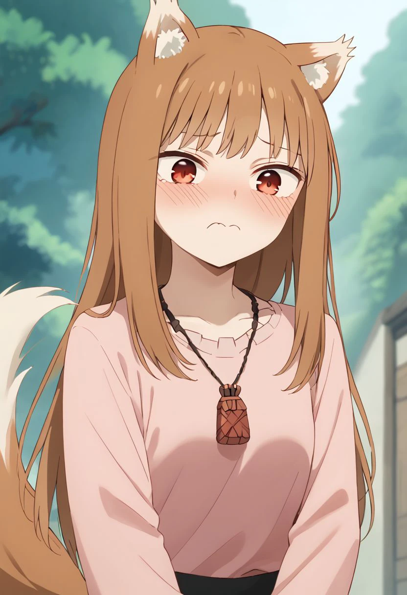 score_9, score_8_up, score_7_up
1girl, upper body, looking at viewer, outdoors
<lora:m-mouth2:1>
<lora:Holo - Goofi AI (Pony):1> Holo, brown hair, long hair, red eyes, wolf girl, wolf ears, wolf tail, pink shirt, necklace
blush
closed mouth
embarrassed