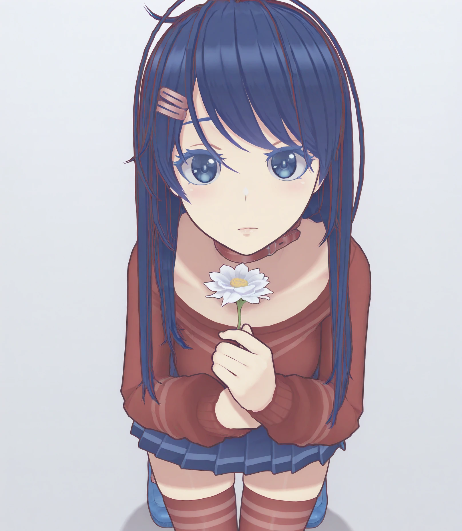 highres, hi res, best quality, masterpiece, 2d, intricate details, 4k, anime coloring, shadow, uncensored,
1girl, solo, female, eyelashes, nose, long hair, bangs, blue eyes, hair ornament, blue hair, hairclip, choker, red choker,
skirt, shirt, thighhighs, long sleeves, pleated skirt, blue skirt, zettai ryouiki, red shirt, blue footwear, red thighhighs, sweater,
cowboy shot, looking at viewer, leaning forward, holding, holding flower, white flower,
depth of field, white background, <lora:Kind_Mita_ILXL:1>
