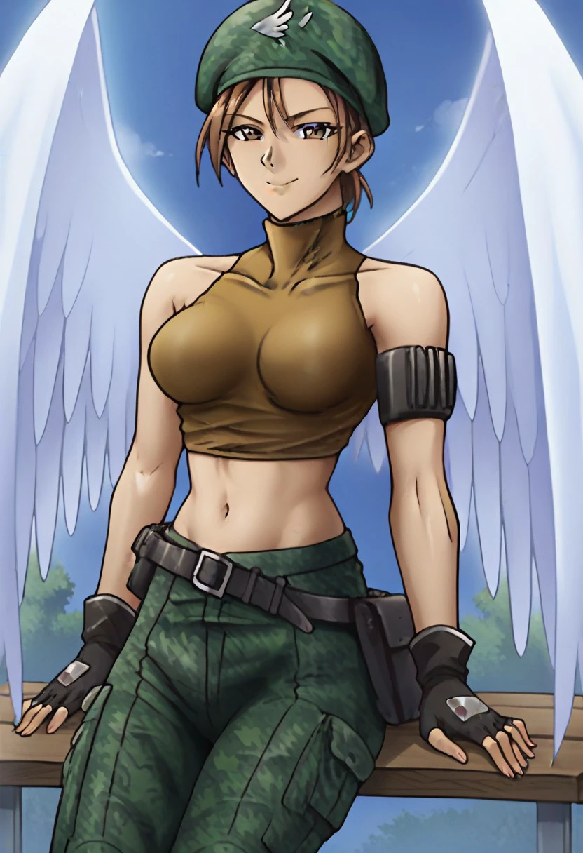 uncensored, score_9__up, score_9, score_8_up, score_8, score_7_up, score_7, score_6_up, score_6, score_5_up, source_anime, anime screencap, anime coloring, highres
YGOCommandAngel, 1girl, short hair, brown hair, green beret, brown crop top, sleeveless turtleneck, bare shoulders, midriff, navel, breasts, green pants, camouflage, black gloves, fingerless gloves, belt, angel wings
smug, sitting, crossed legs, outdoors, 1girl, bench, trees, sky, clouds, sun, looking at viewer, day, forest